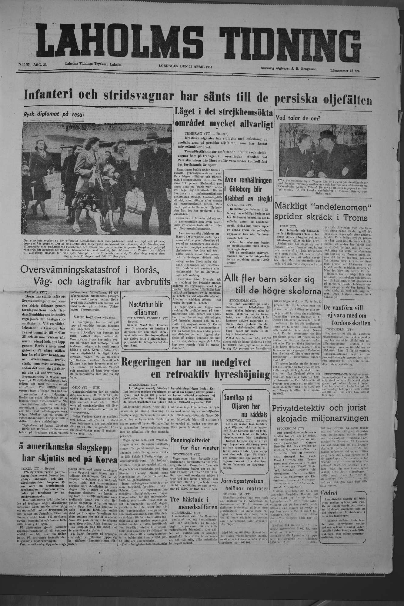 Laholms Tidning Lördag 14 april 1951, sida 1