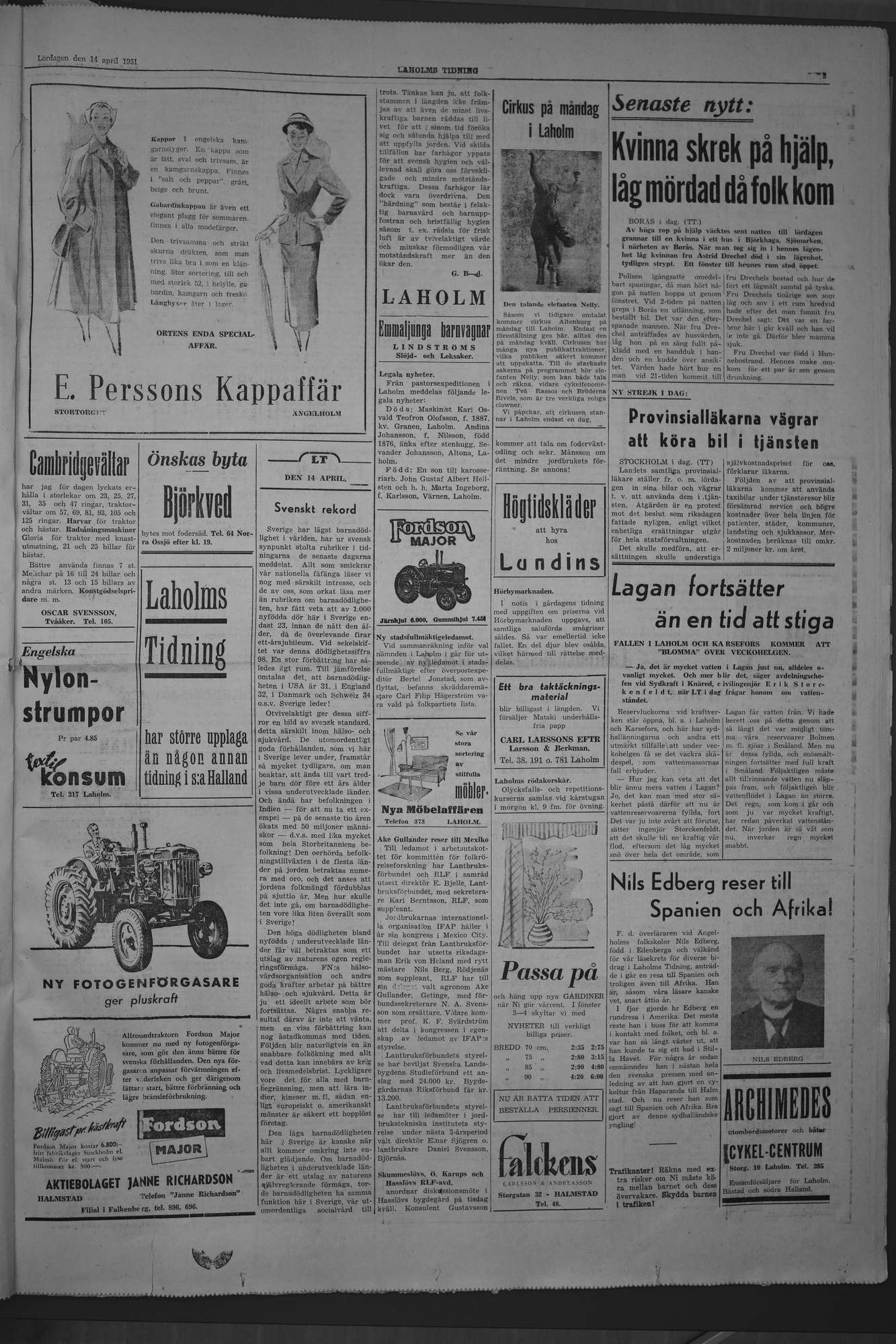 Laholms Tidning Lördag 14 april 1951, sida 3