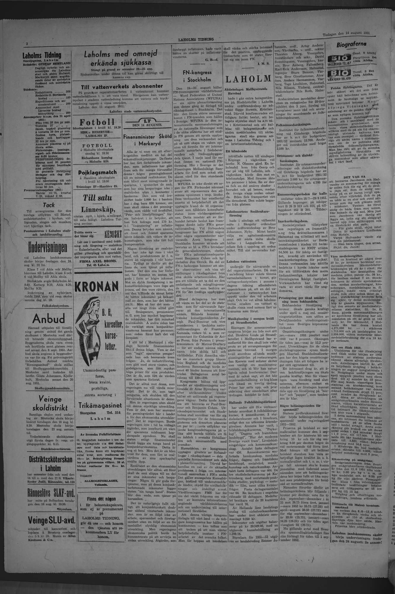 Laholms Tidning Tisdag 14 augusti 1951, sida 2