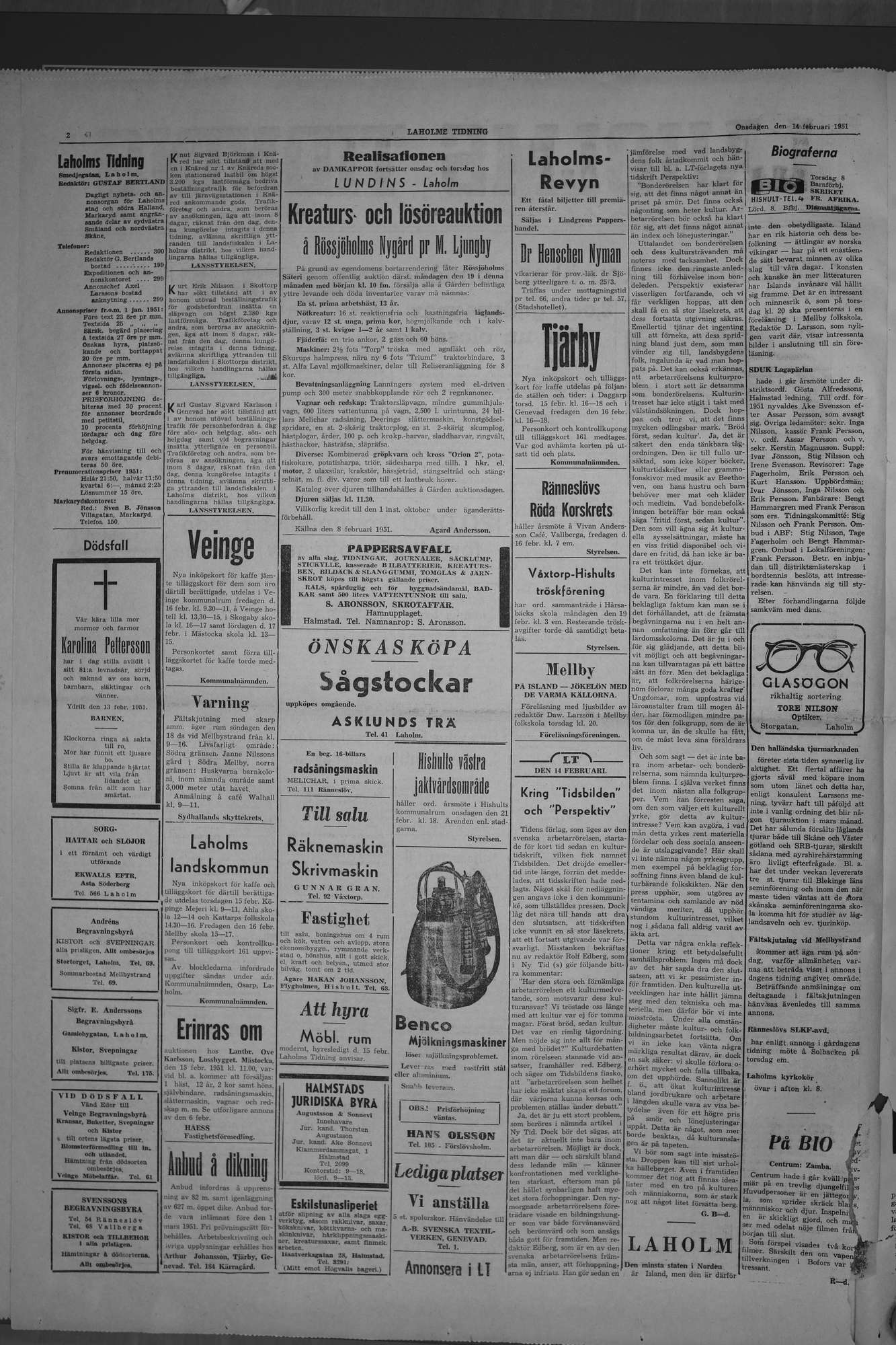 Laholms Tidning Onsdag 14 februari 1951, sida 2