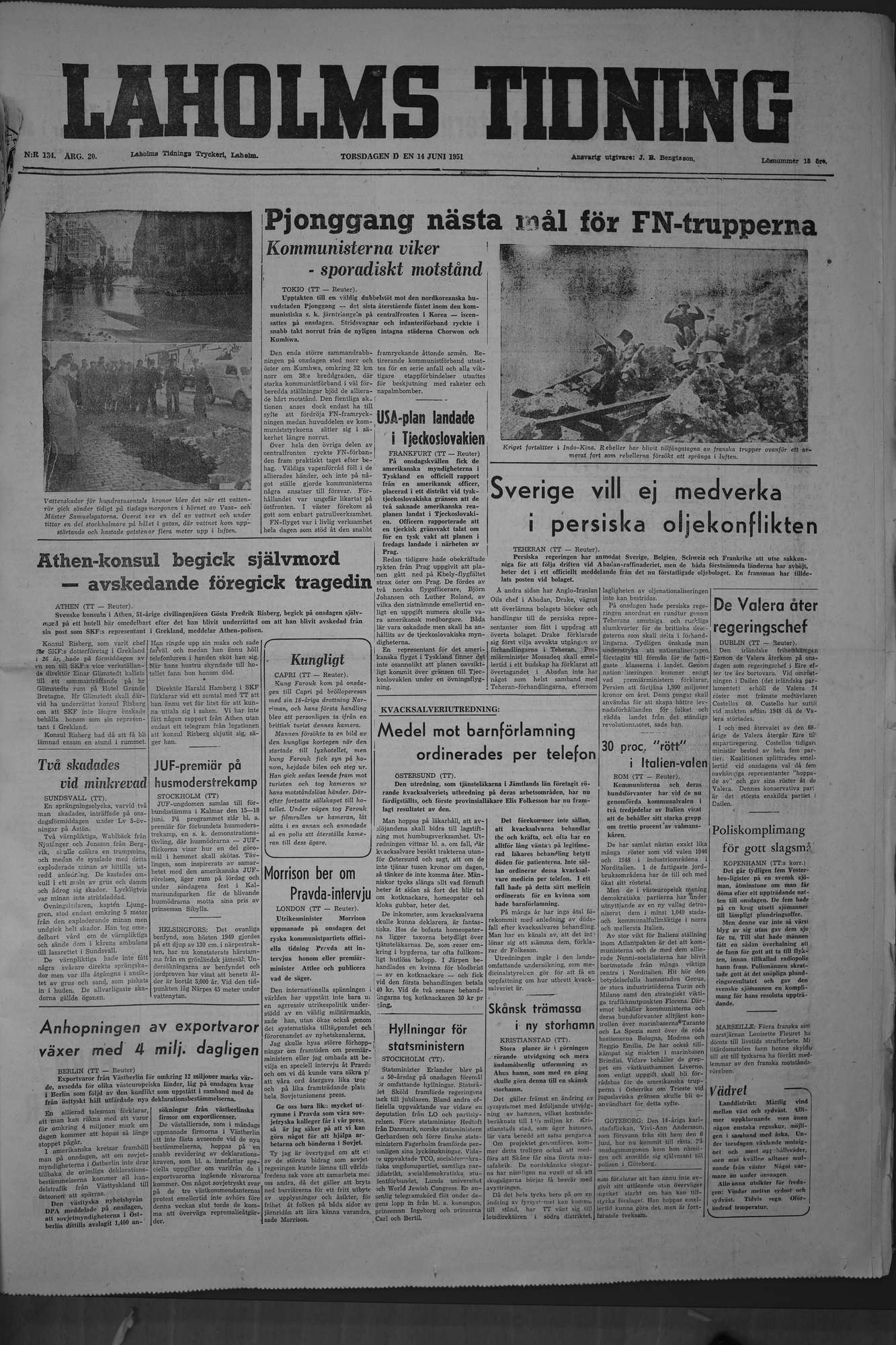 Laholms Tidning Torsdag 14 juni 1951, sida 1
