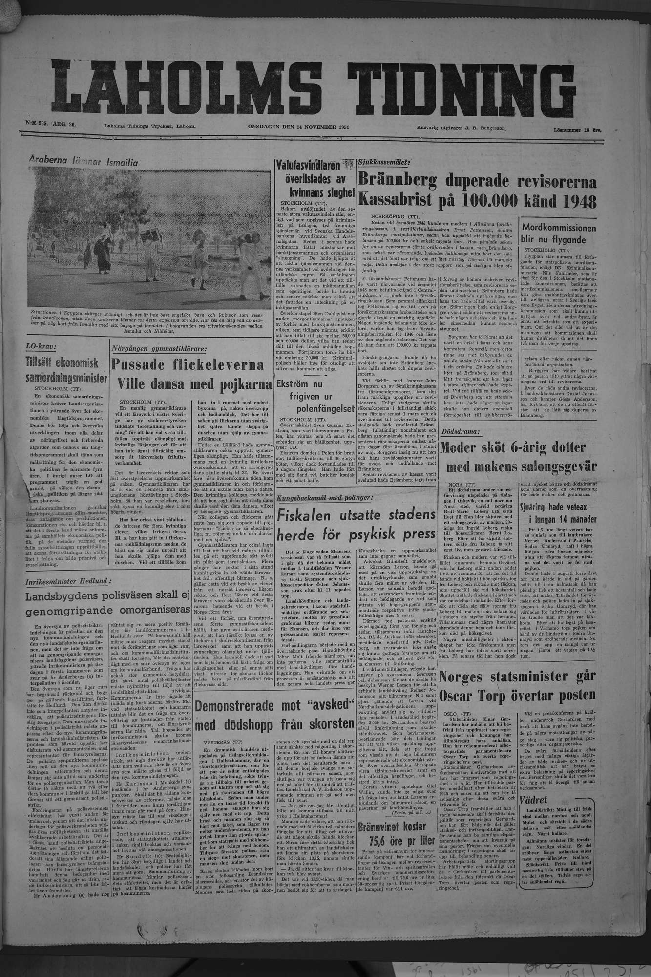 Laholms Tidning Onsdag 14 november 1951, sida 1