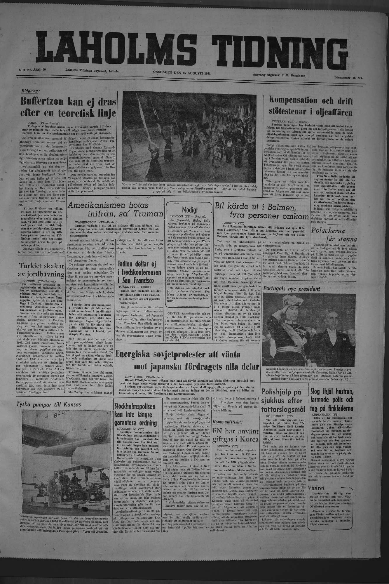 Laholms Tidning Onsdag 15 augusti 1951, sida 1