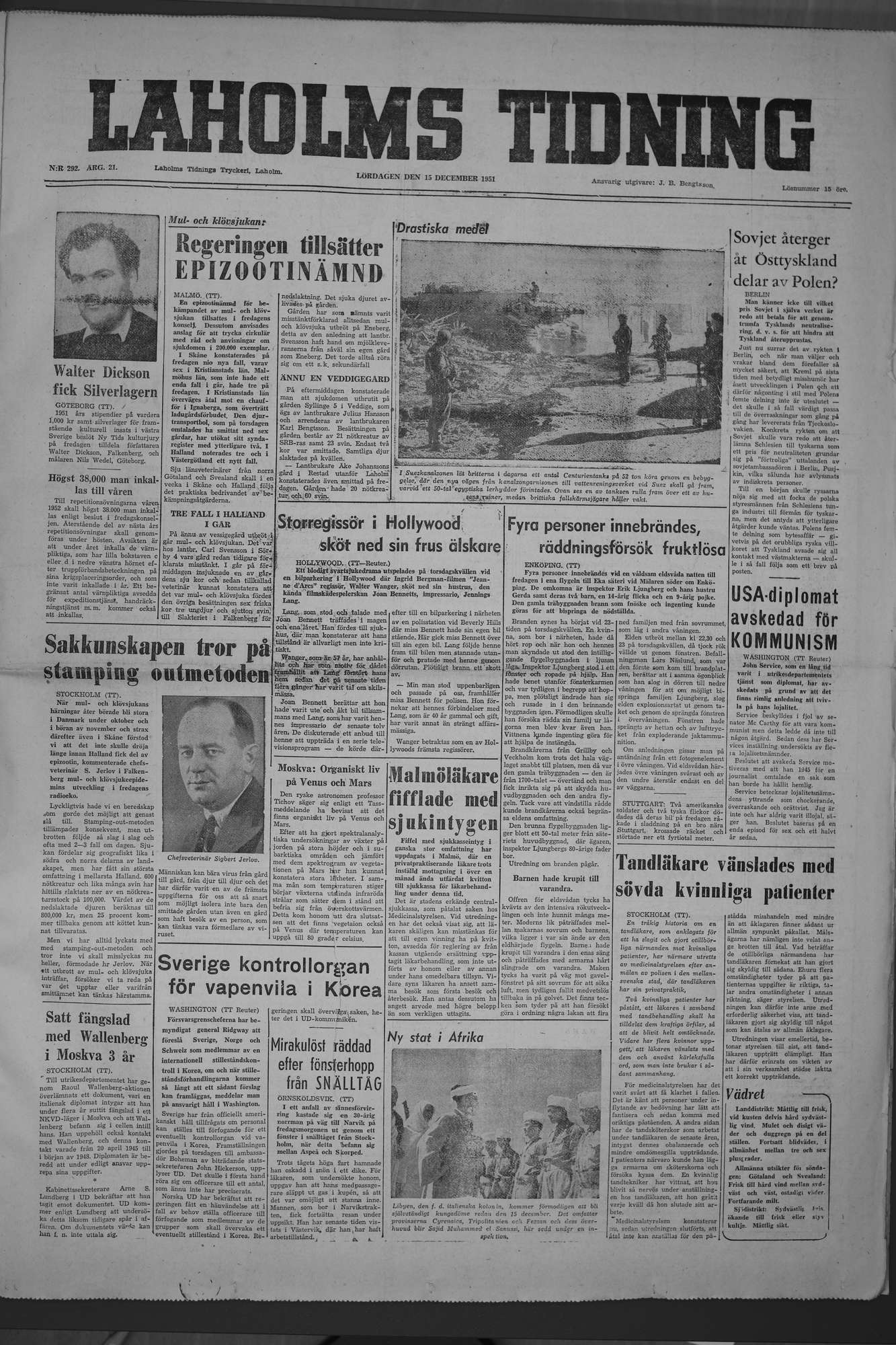 Laholms Tidning Lördag 15 december 1951, sida 1
