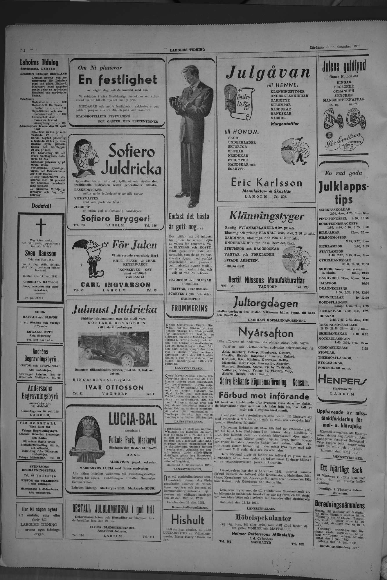 Laholms Tidning Lördag 15 december 1951, sida 2