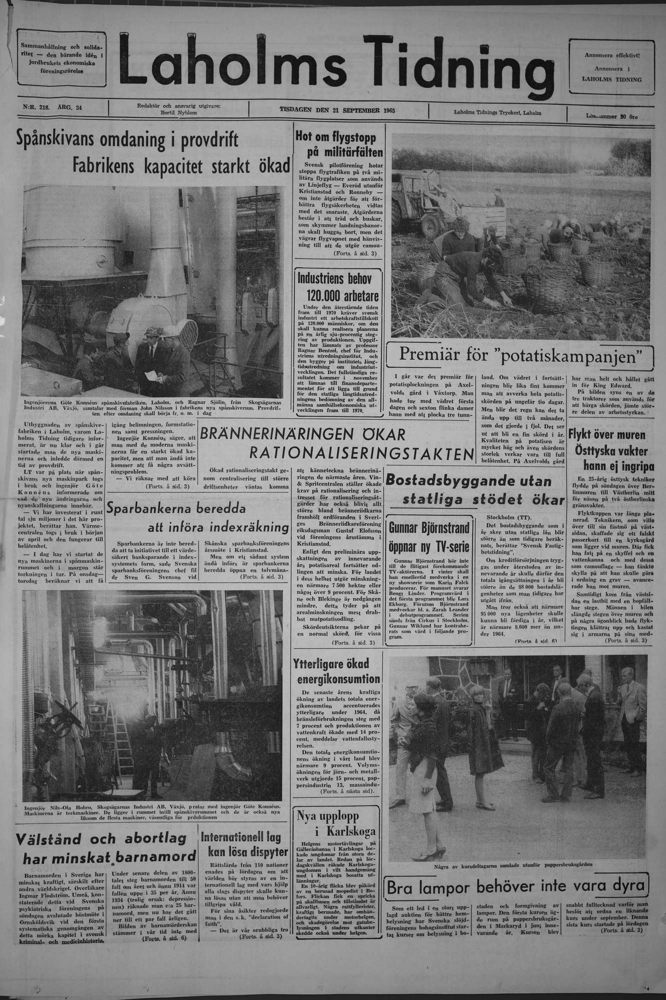Laholms Tidning Tisdag 21 september 1965, sida 1