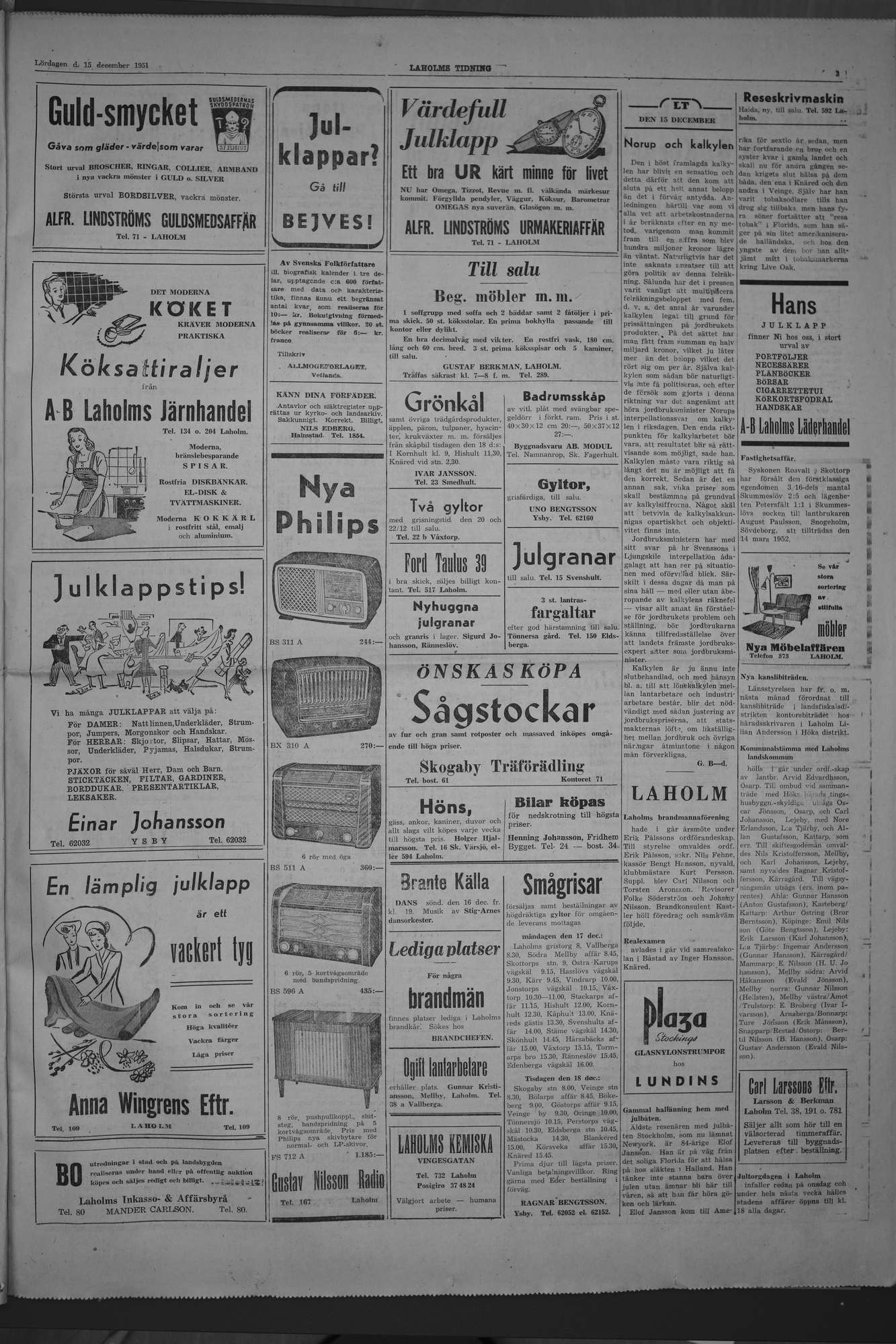 Laholms Tidning Lördag 15 december 1951, sida 3