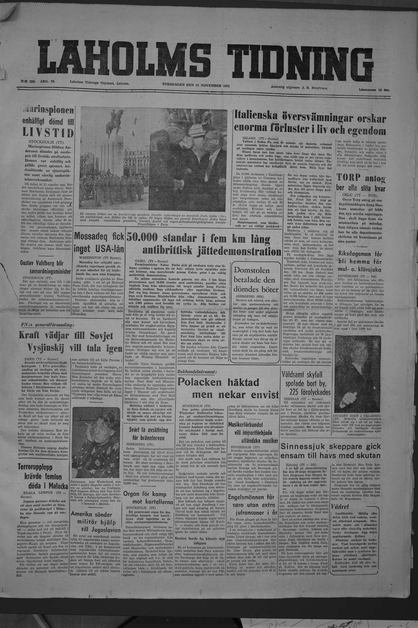 Laholms Tidning Torsdag 15 november 1951, sida 1