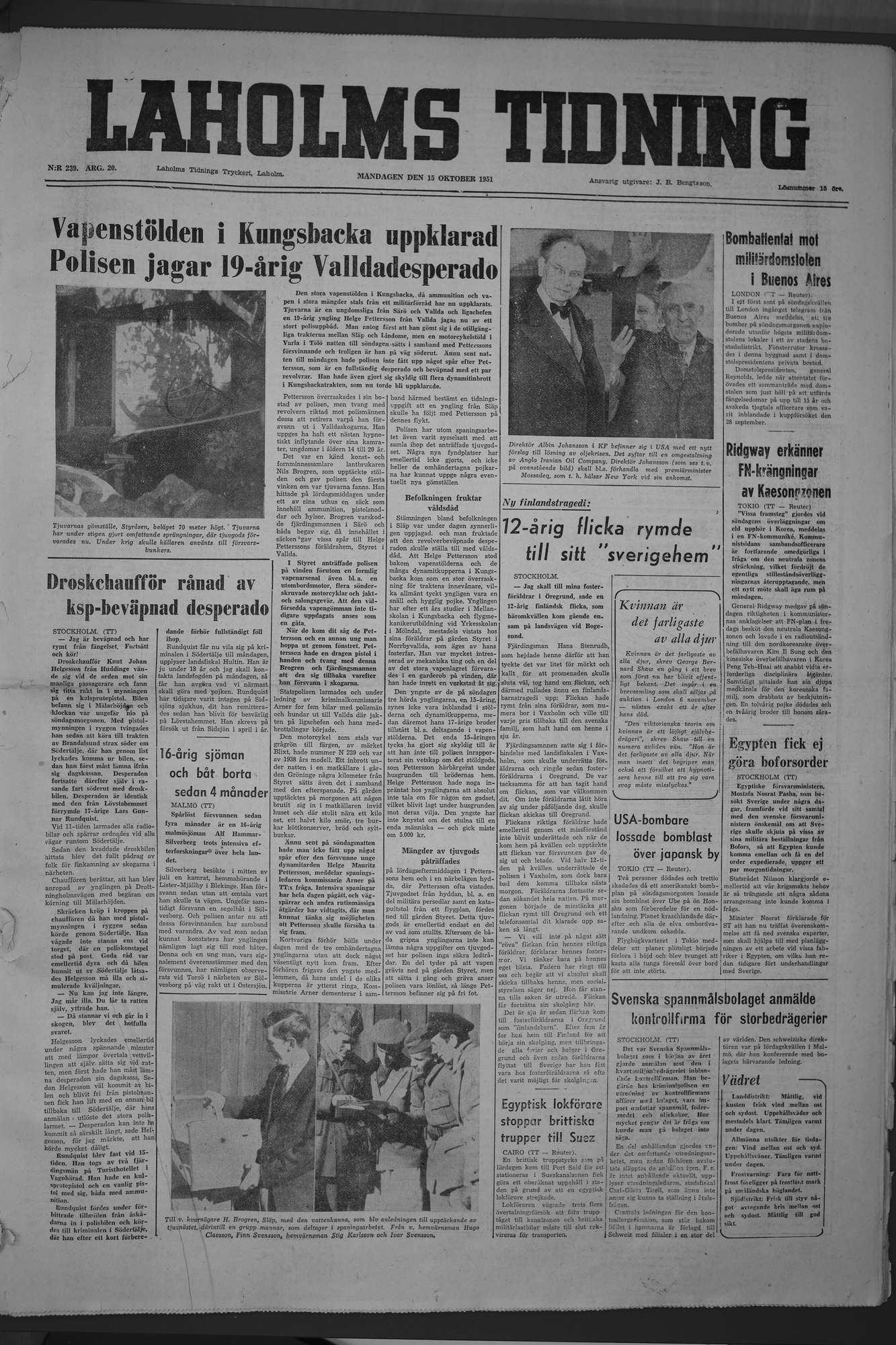 Laholms Tidning Måndag 15 oktober 1951, sida 1