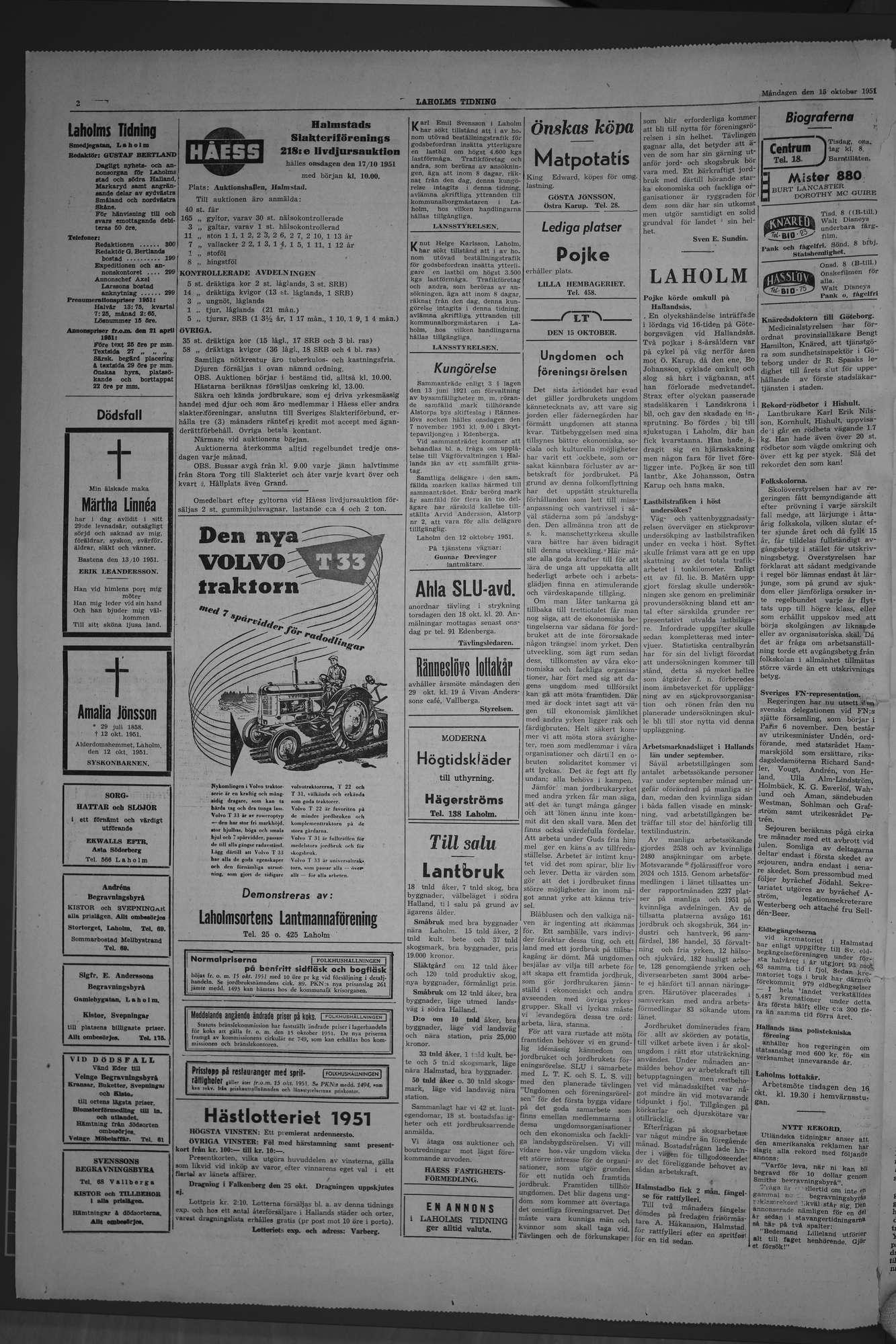 Laholms Tidning Måndag 15 oktober 1951, sida 2