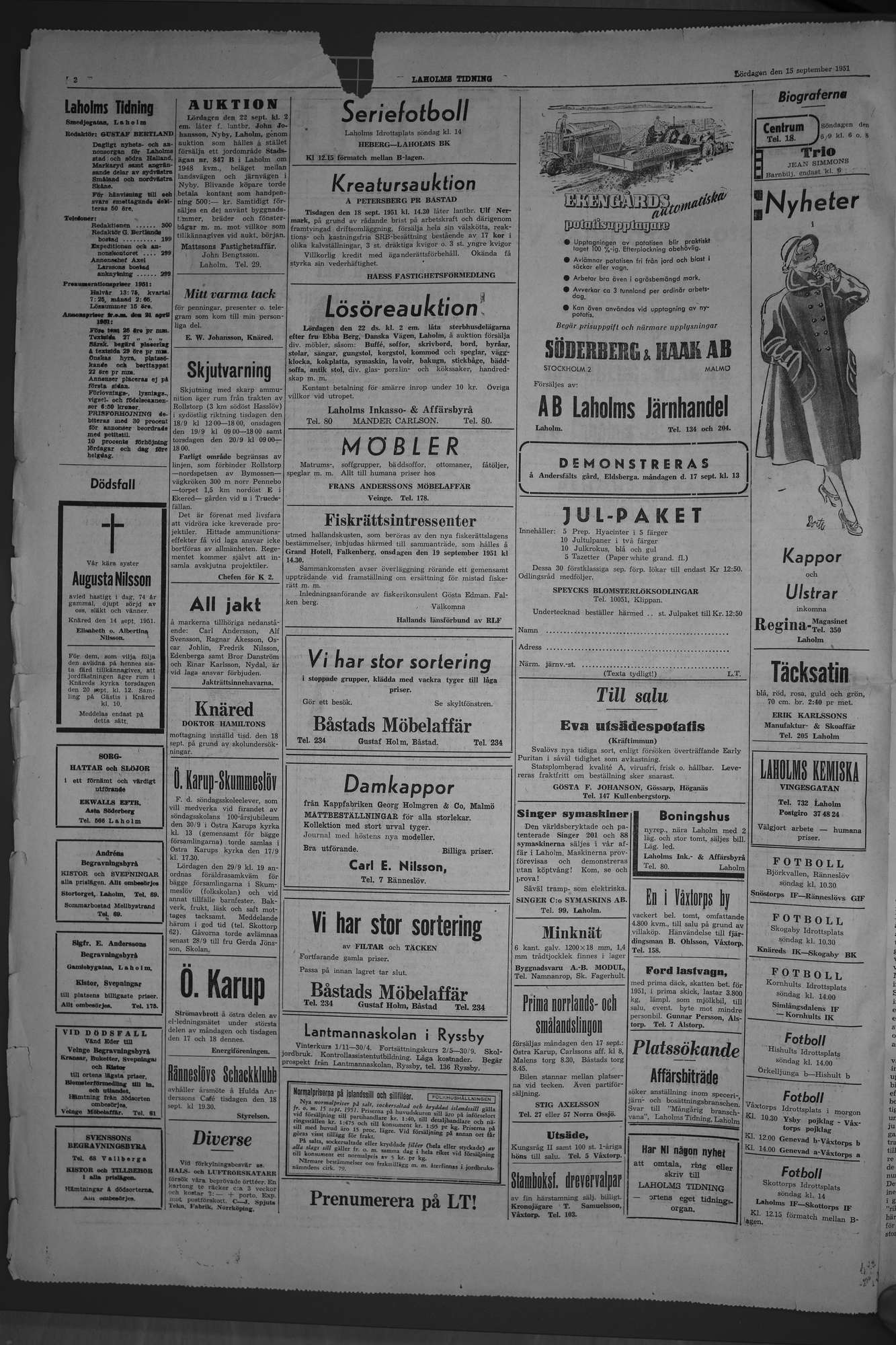 Laholms Tidning Lördag 15 september 1951, sida 2