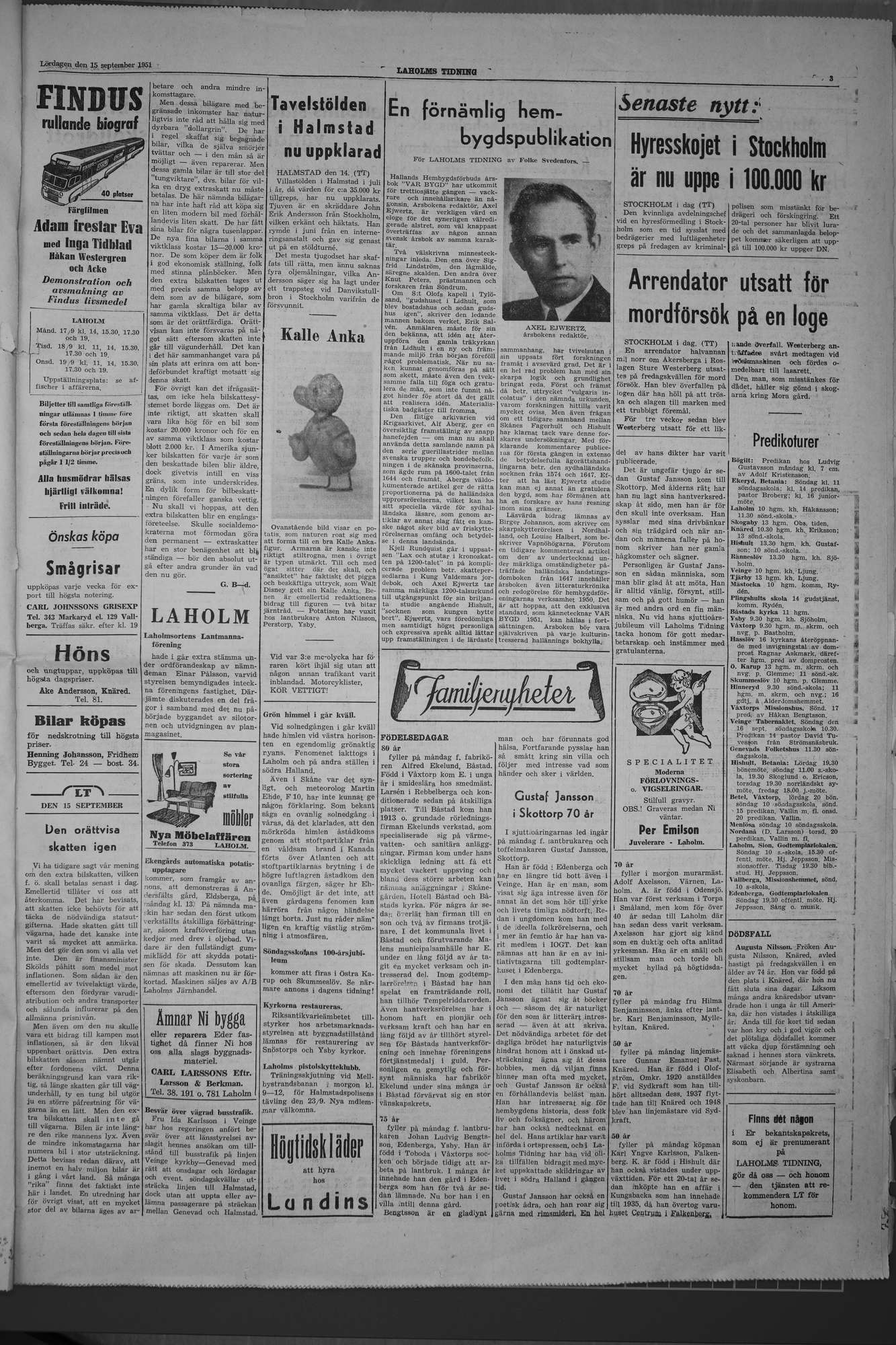 Laholms Tidning Lördag 15 september 1951, sida 3