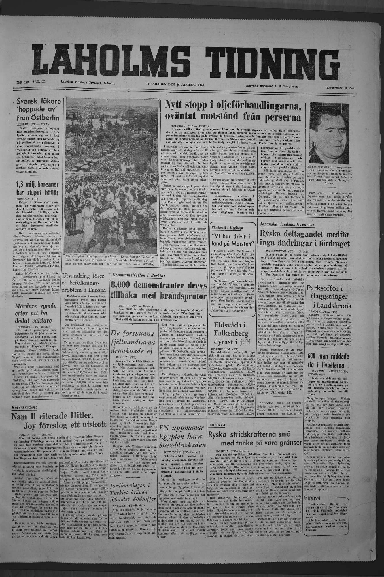Laholms Tidning Torsdag 16 augusti 1951, sida 1