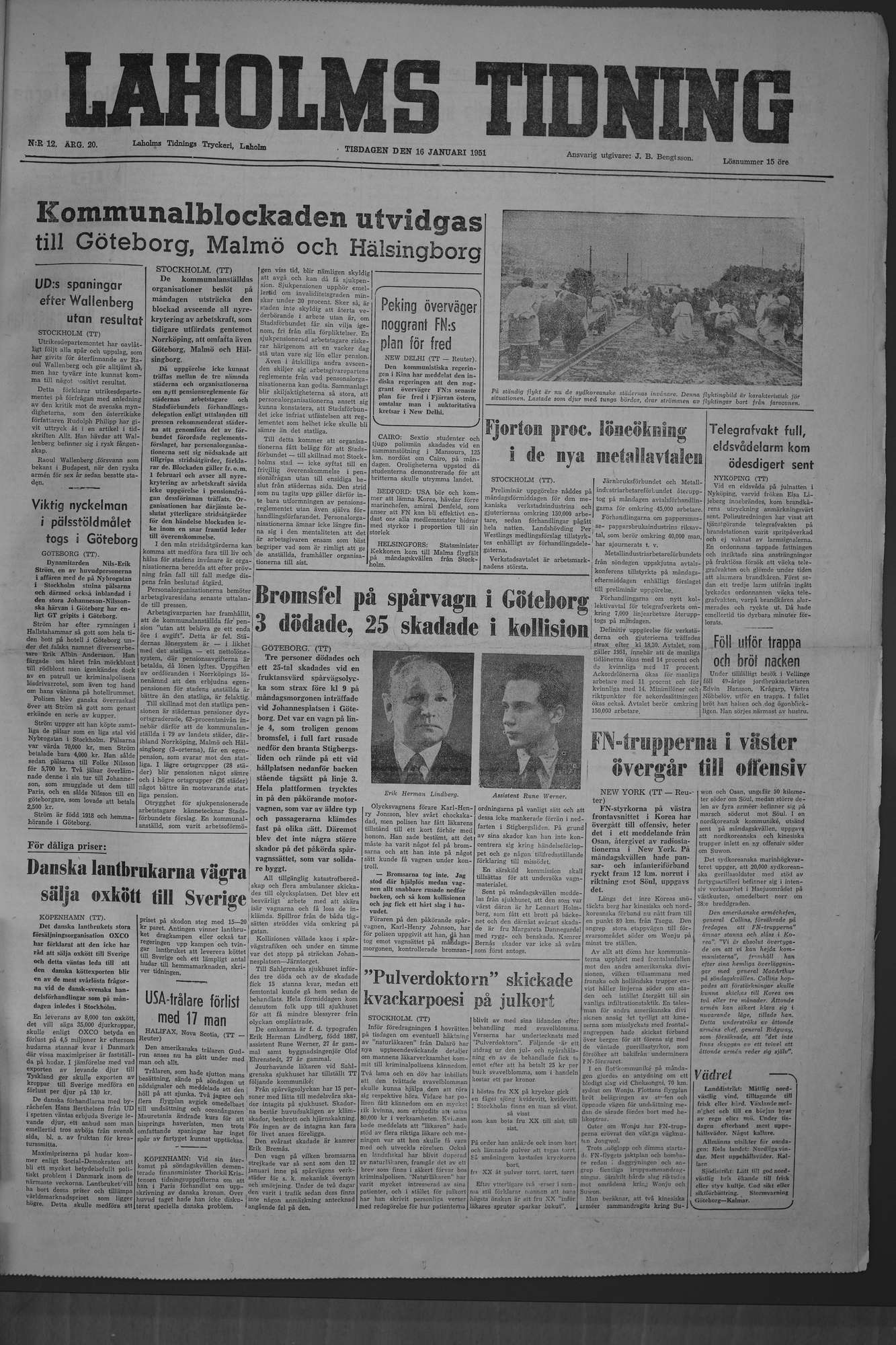 Laholms Tidning Tisdag 16 januari 1951, sida 1