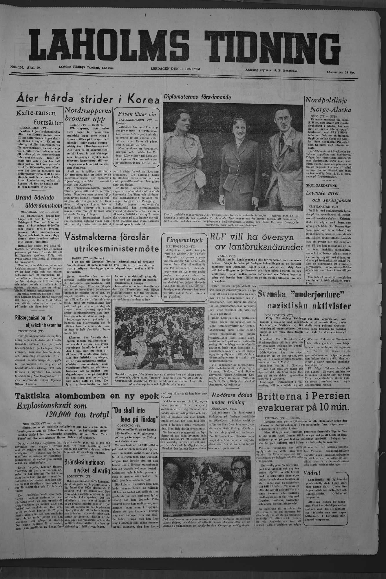 Laholms Tidning Lördag 16 juni 1951, sida 1