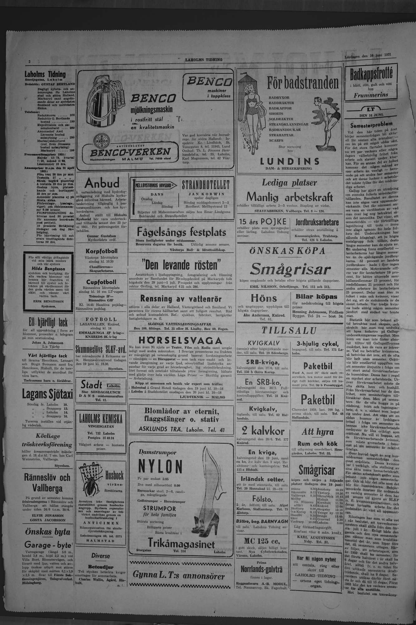 Laholms Tidning Lördag 16 juni 1951, sida 2