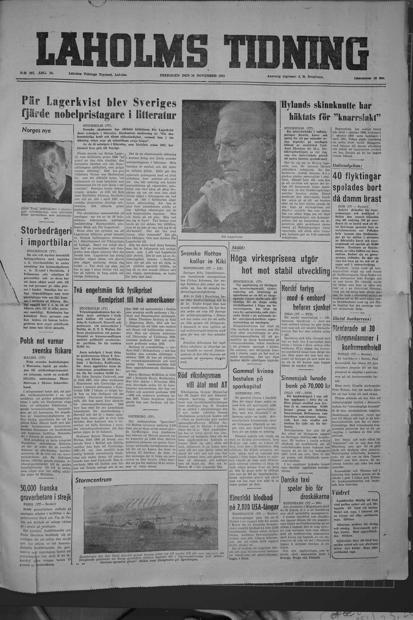 Laholms Tidning Fredag 16 november 1951, sida 1