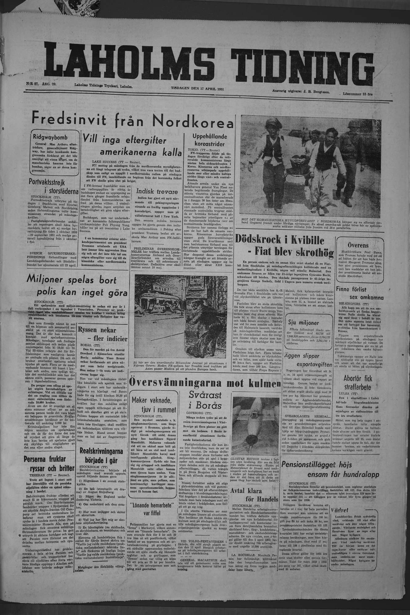 Laholms Tidning Tisdag 17 april 1951, sida 1