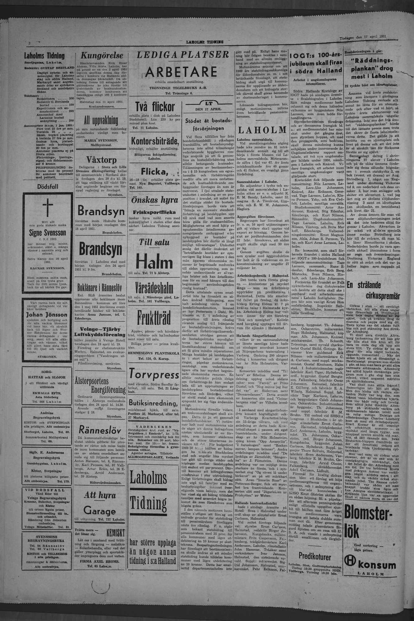 Laholms Tidning Tisdag 17 april 1951, sida 2