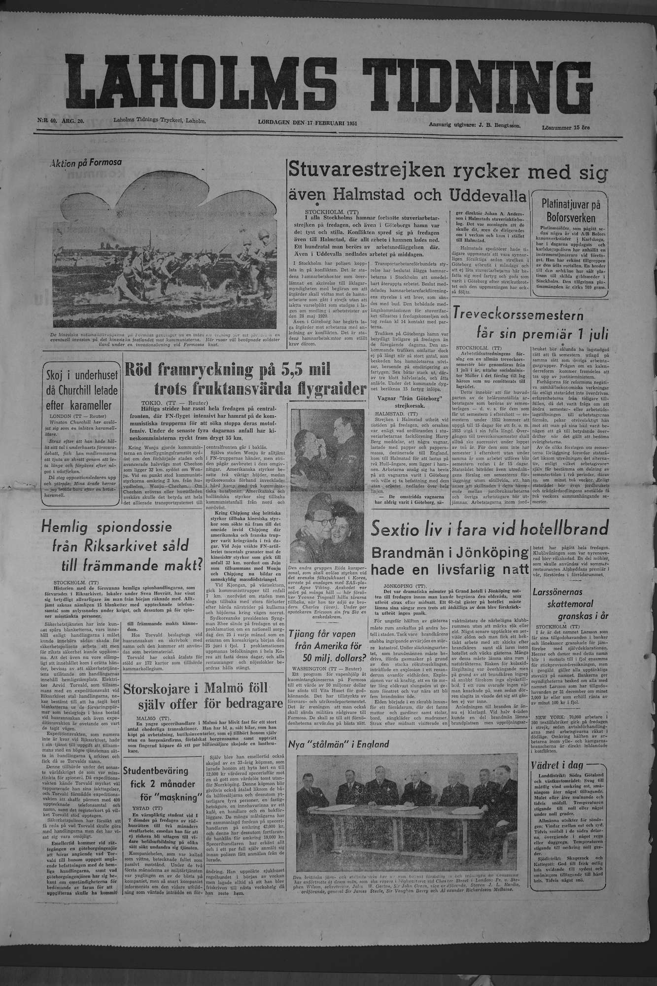 Laholms Tidning Lördag 17 februari 1951, sida 1