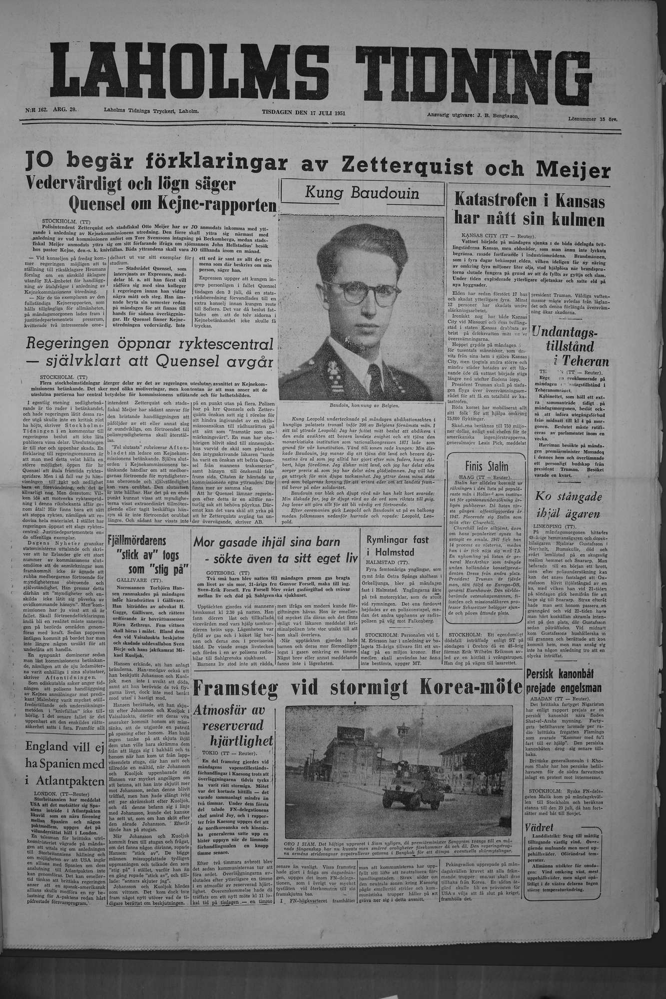 Laholms Tidning Tisdag 17 juli 1951, sida 1