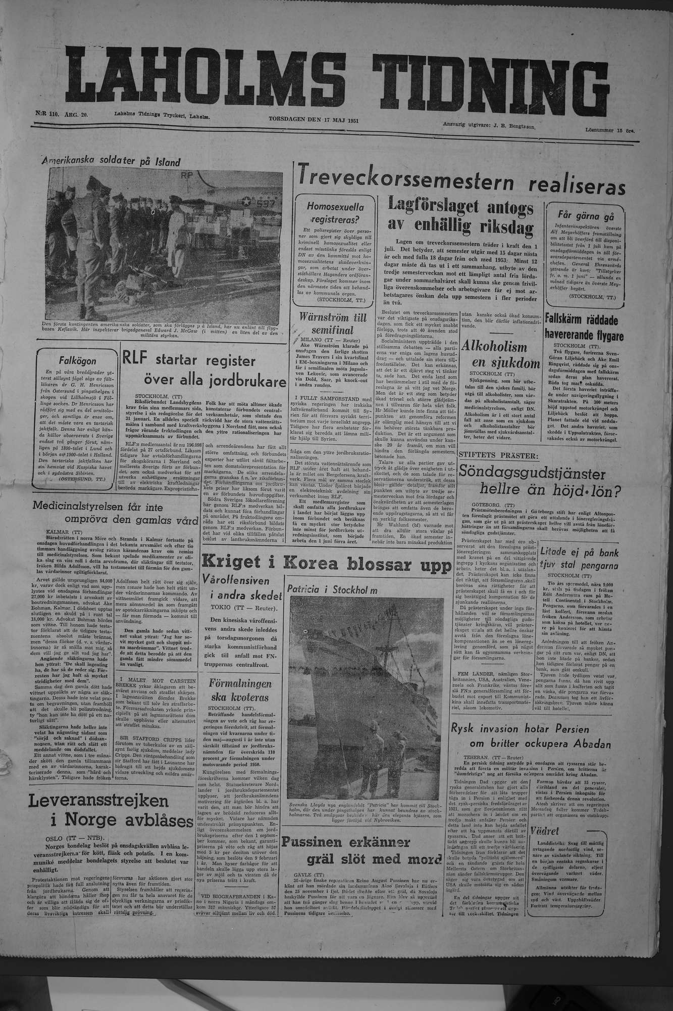 Laholms Tidning Torsdag 17 maj 1951, sida 1