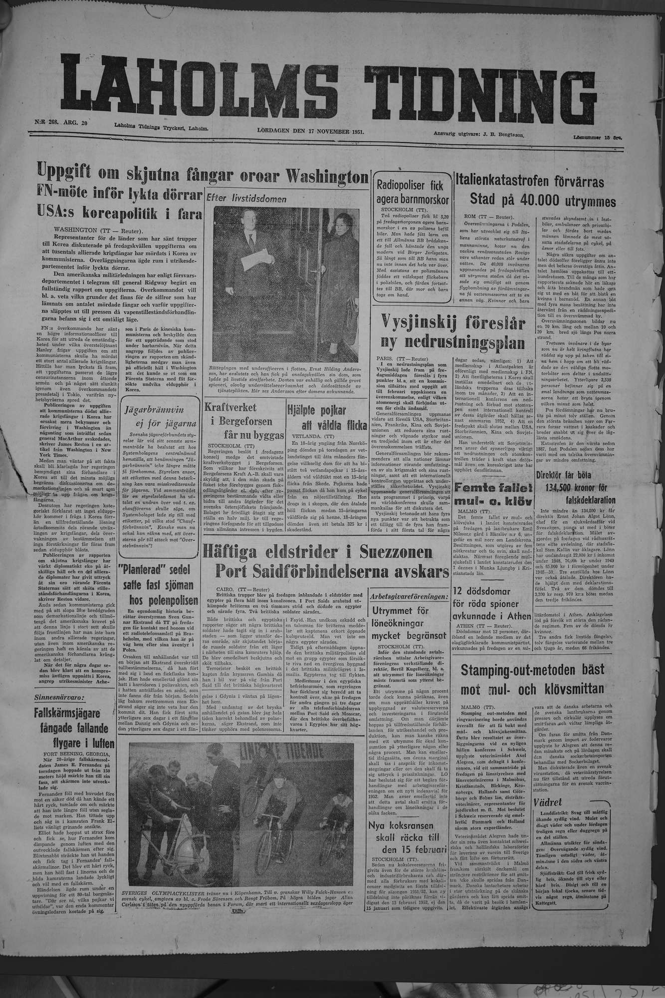 Laholms Tidning Lördag 17 november 1951, sida 1