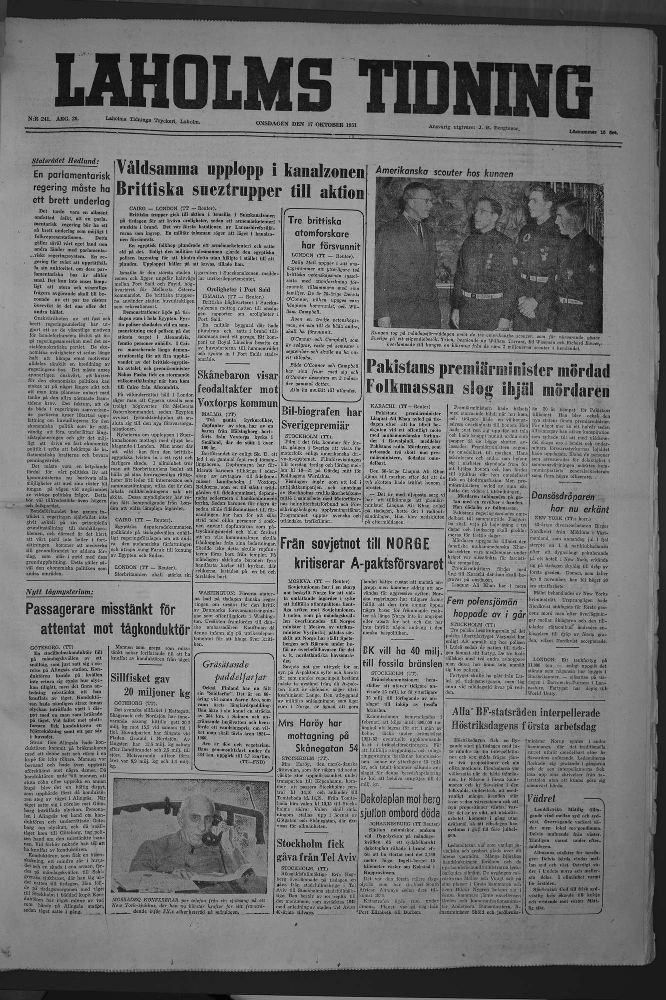 Laholms Tidning Onsdag 17 oktober 1951, sida 1