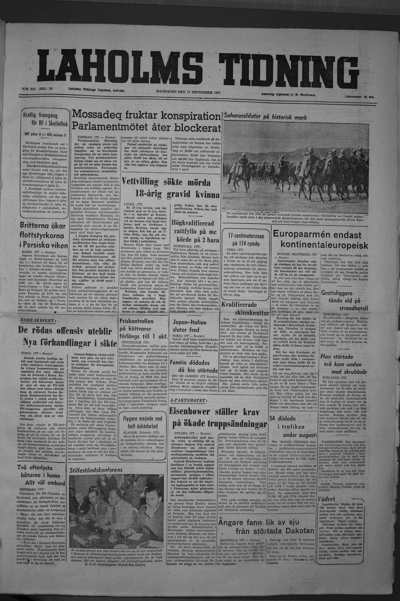 Laholms Tidning Måndag 17 september 1951, sida 1