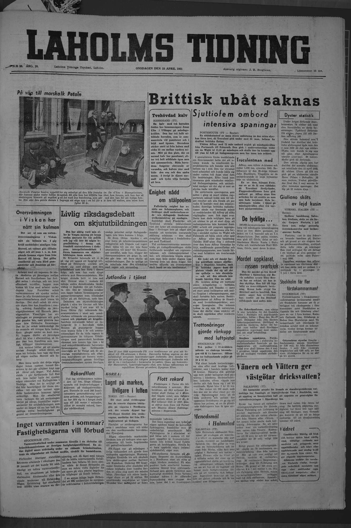 Laholms Tidning Onsdag 18 april 1951, sida 1
