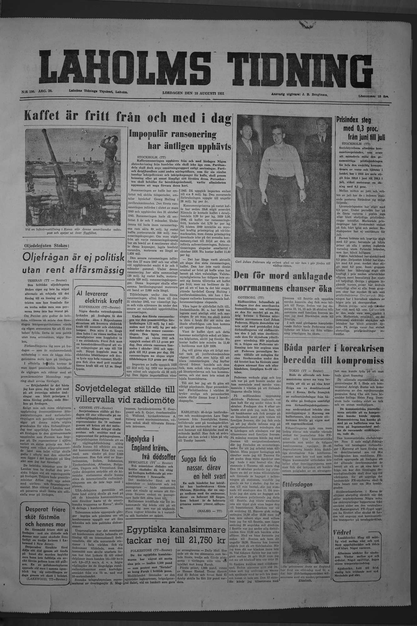 Laholms Tidning Lördag 18 augusti 1951, sida 1