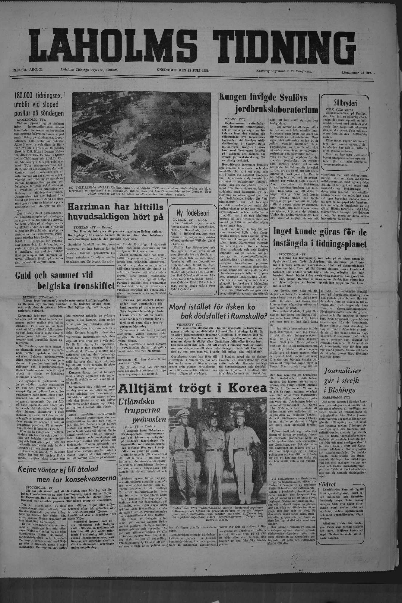 Laholms Tidning Onsdag 18 juli 1951, sida 1