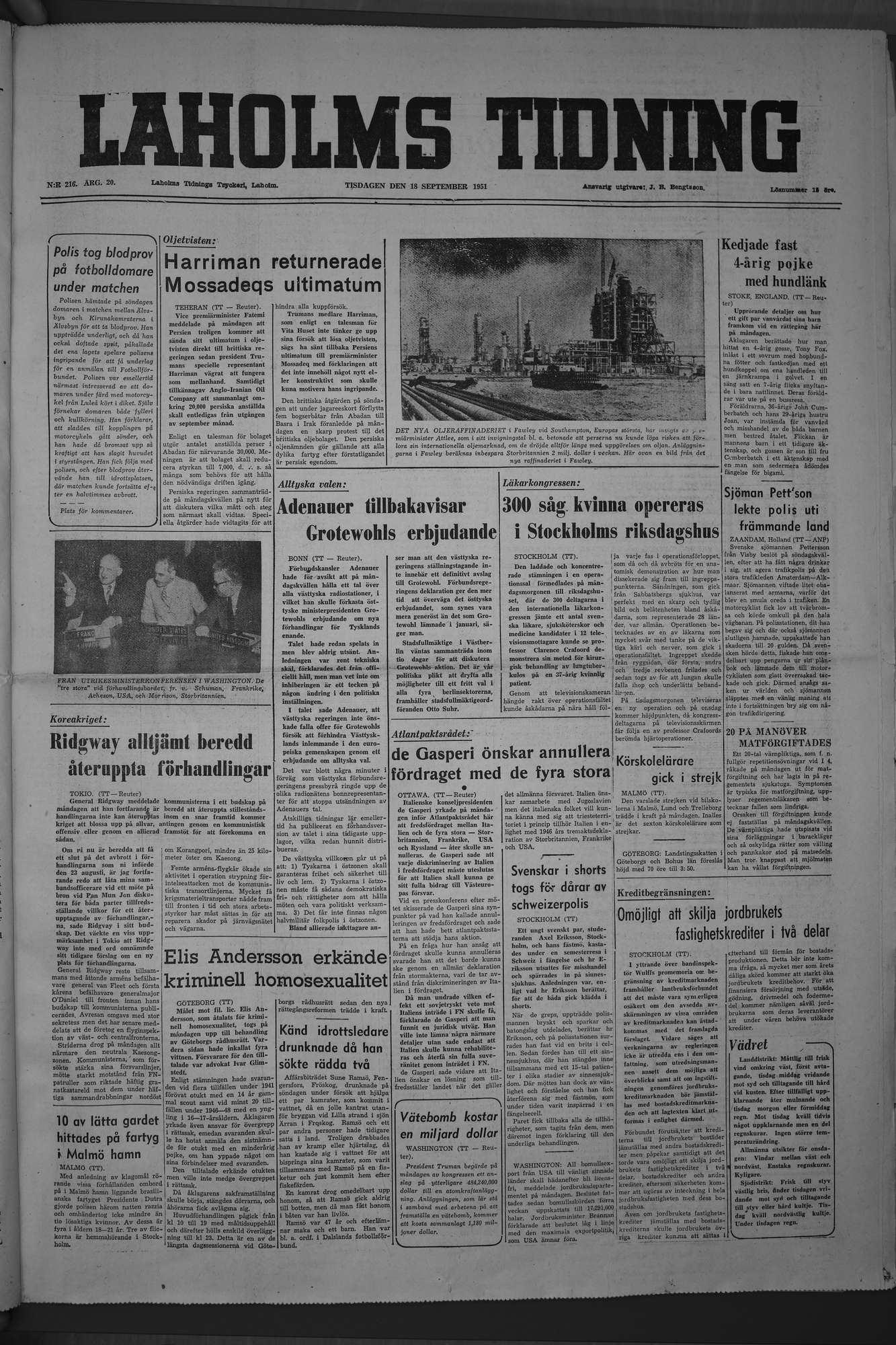 Laholms Tidning Tisdag 18 september 1951, sida 1