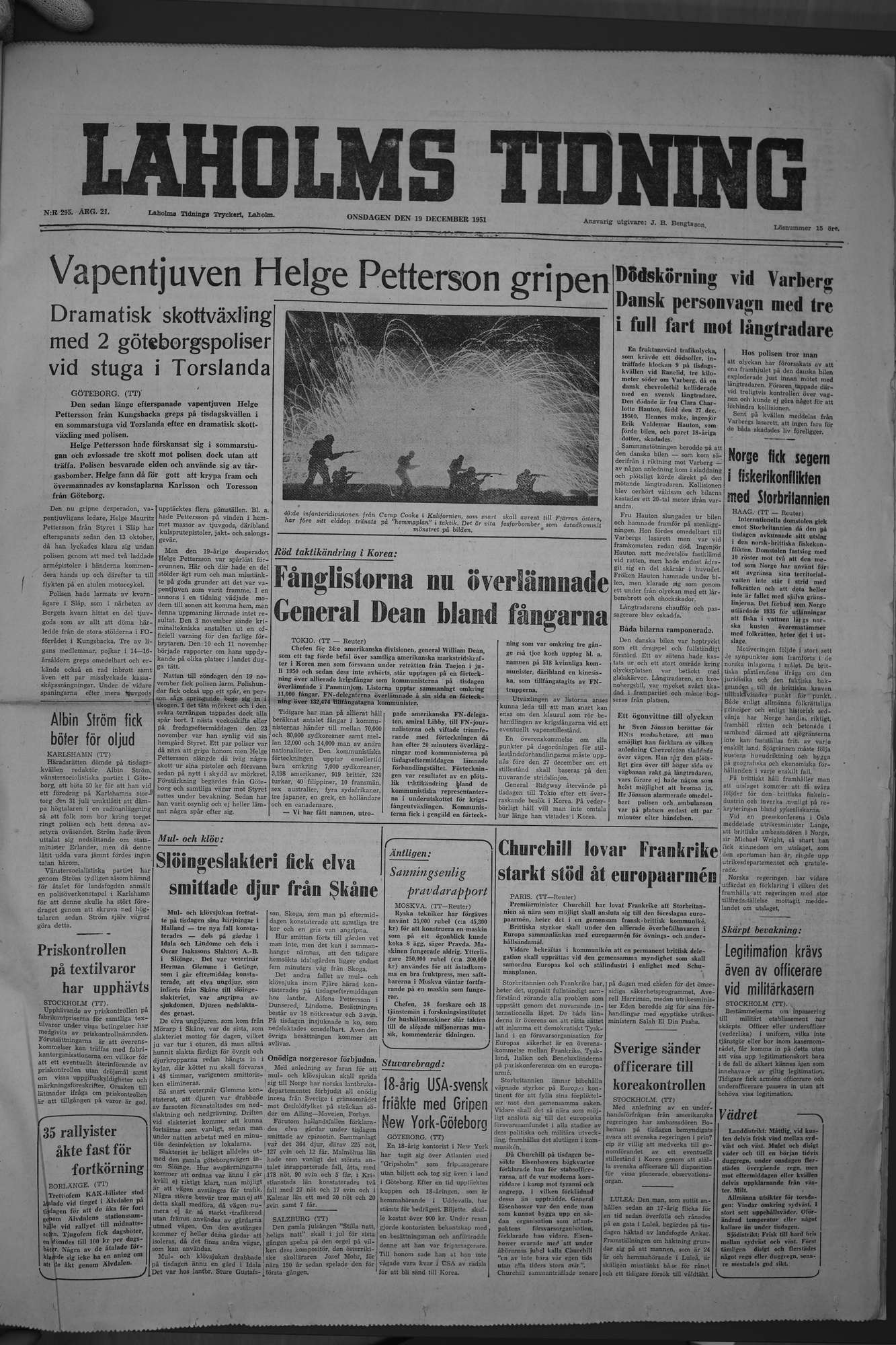 Laholms Tidning Onsdag 19 december 1951, sida 1