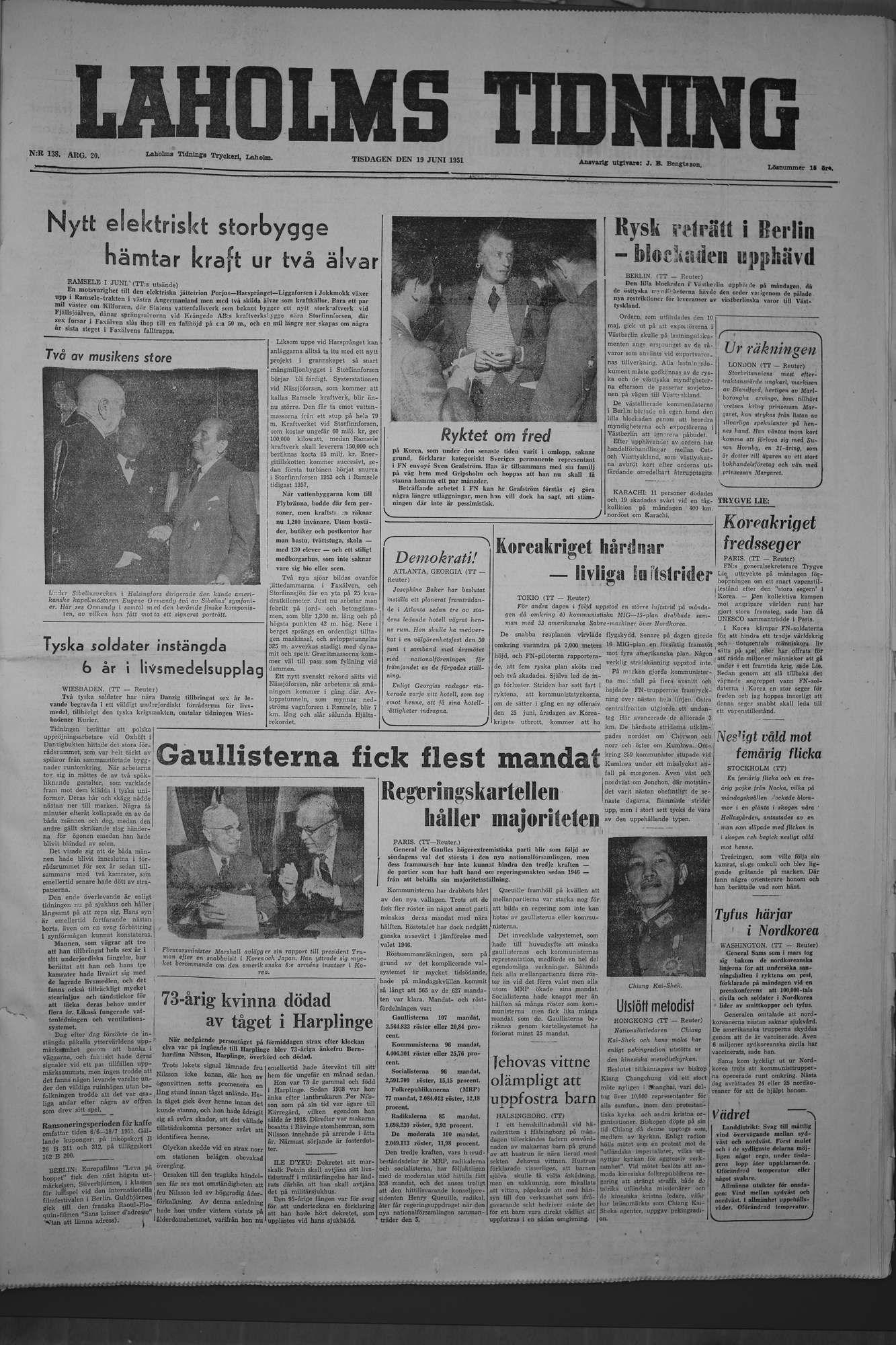 Laholms Tidning Tisdag 19 juni 1951, sida 1