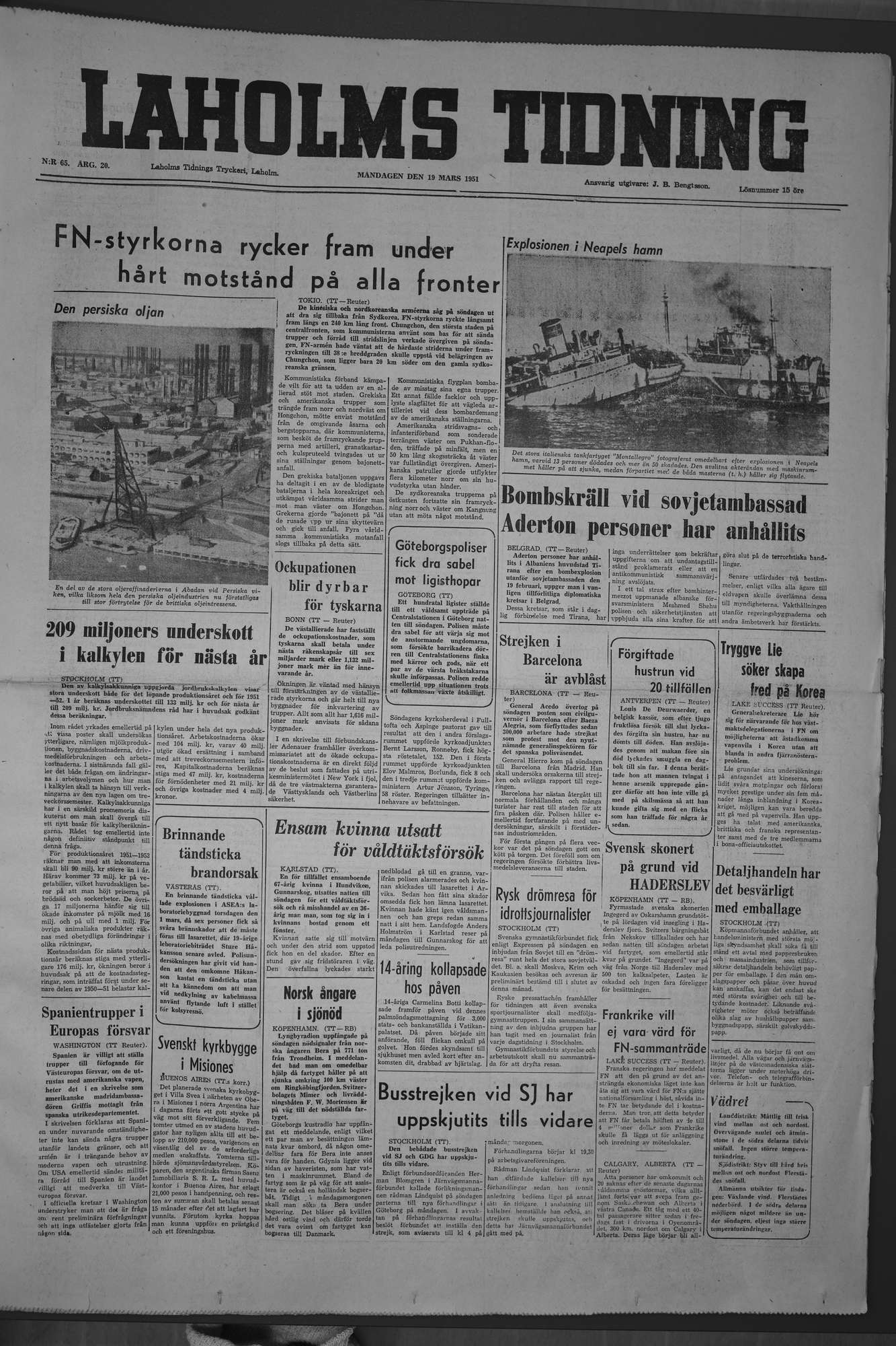 Laholms Tidning Måndag 19 mars 1951, sida 1