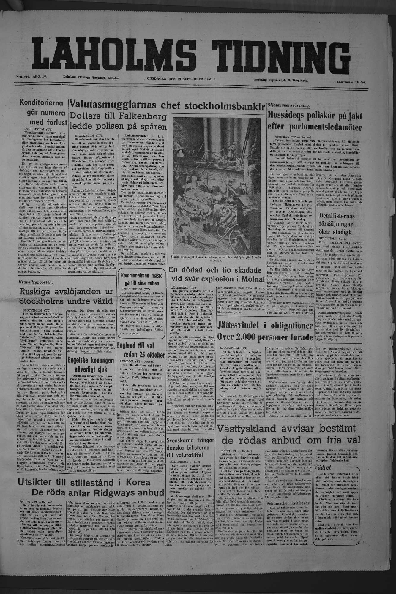Laholms Tidning Onsdag 19 september 1951, sida 1