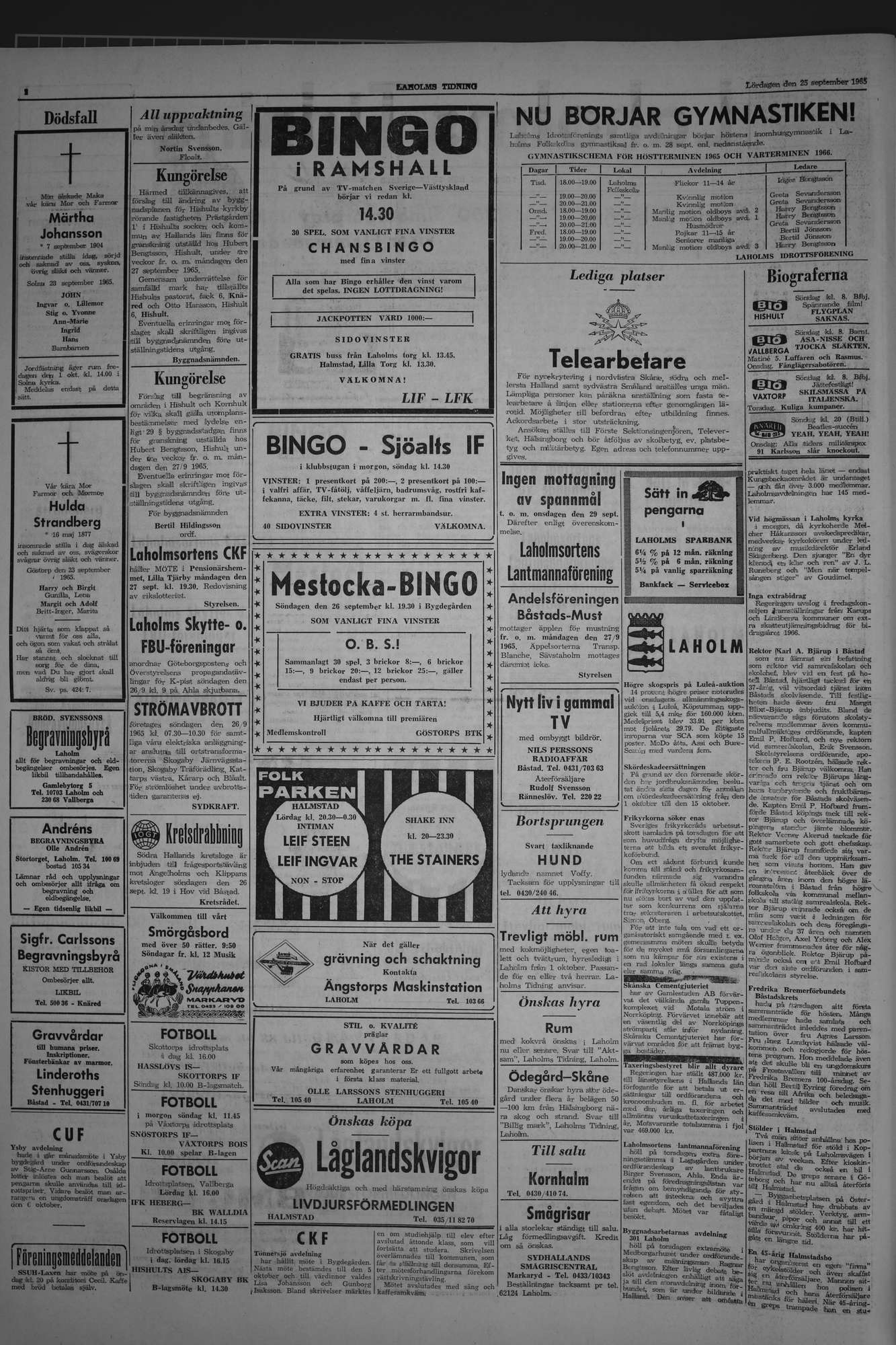 Laholms Tidning Lördag 25 september 1965, sida 2