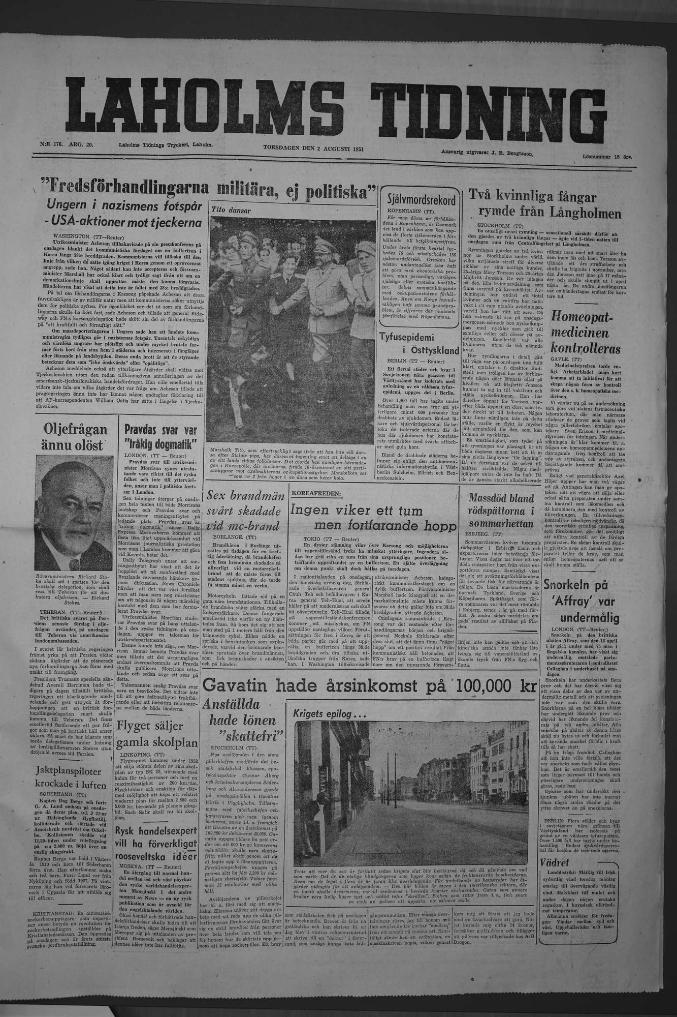 Laholms Tidning Torsdag 2 augusti 1951, sida 1