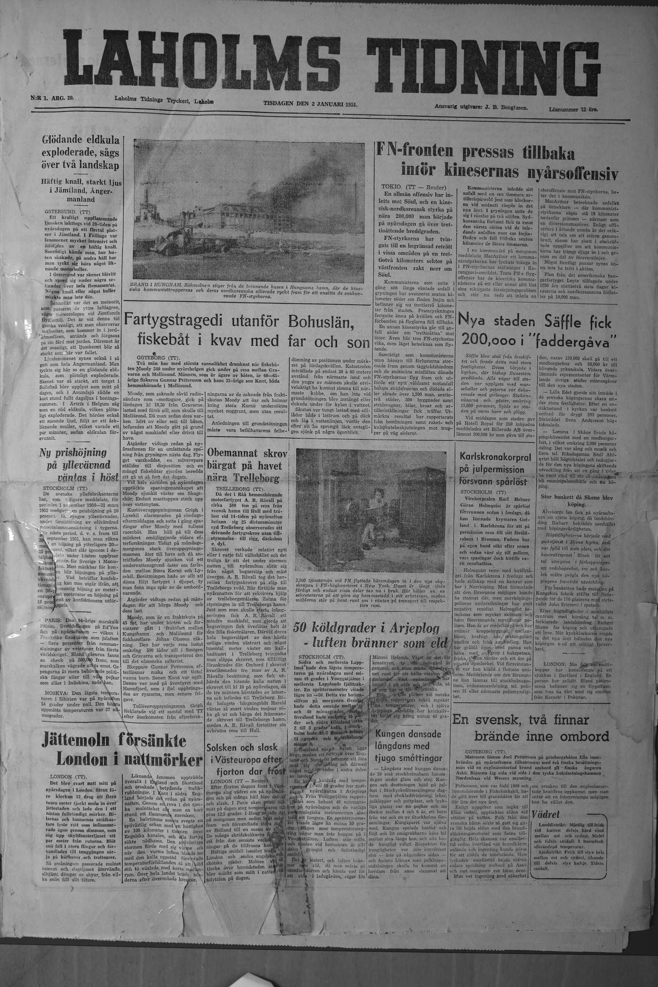 Laholms Tidning Tisdag 2 januari 1951, sida 1