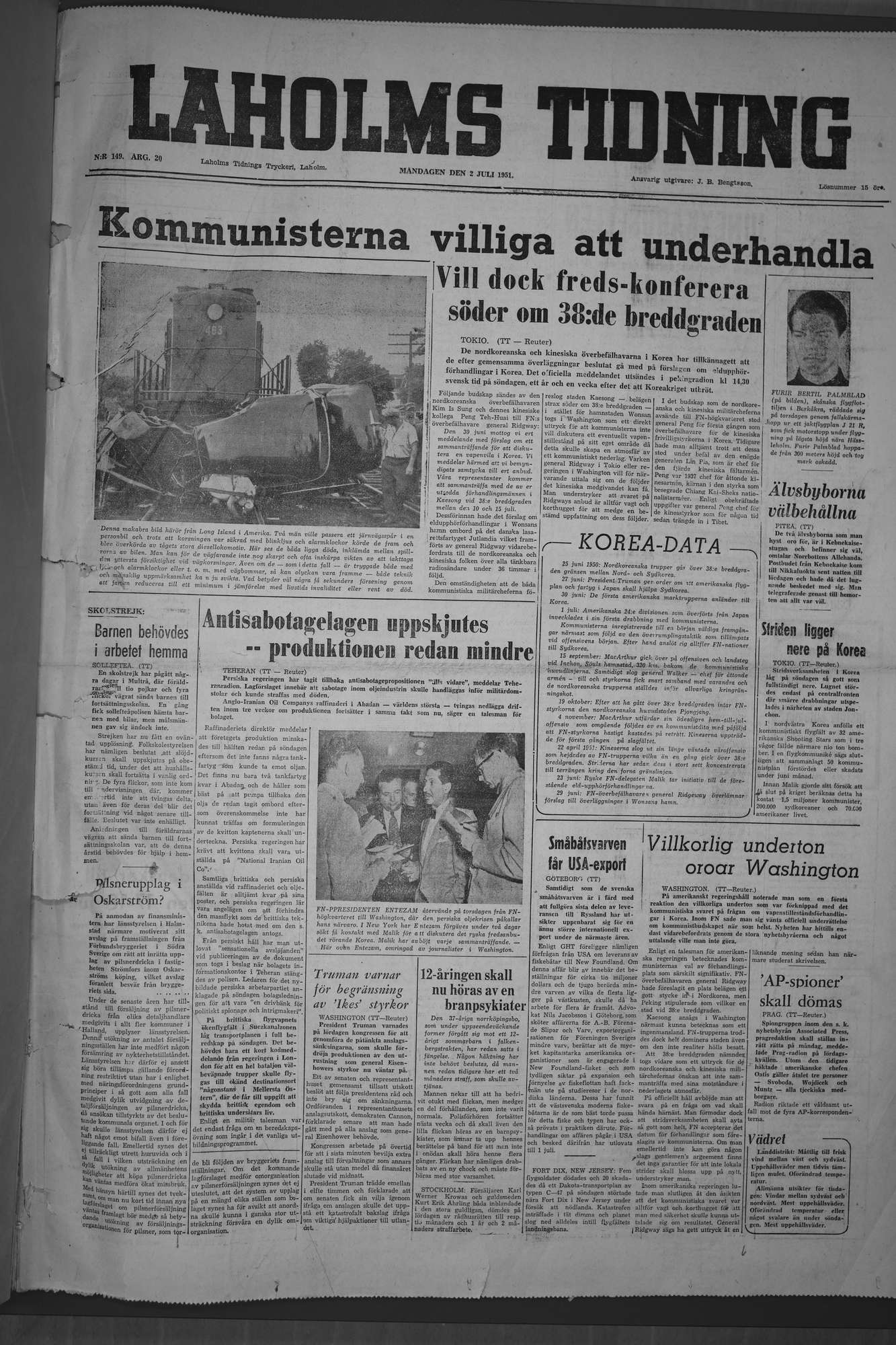 Laholms Tidning Måndag 2 juli 1951, sida 1
