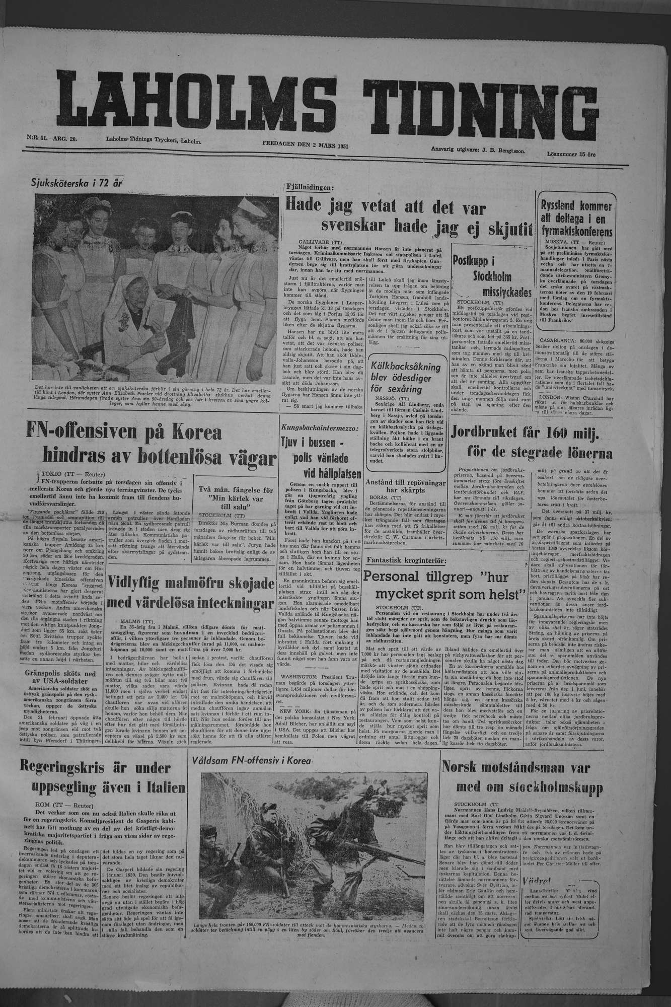 Laholms Tidning Fredag 2 mars 1951, sida 1