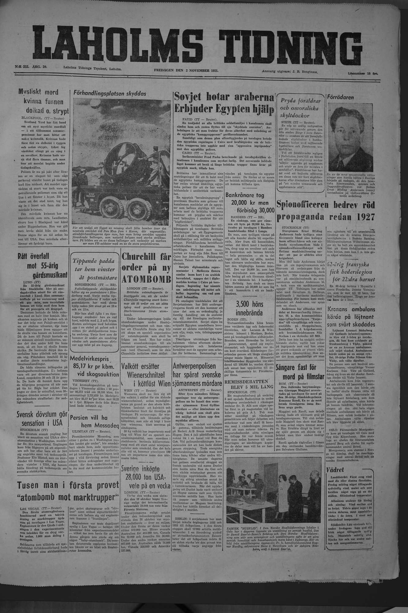 Laholms Tidning Fredag 2 november 1951, sida 1