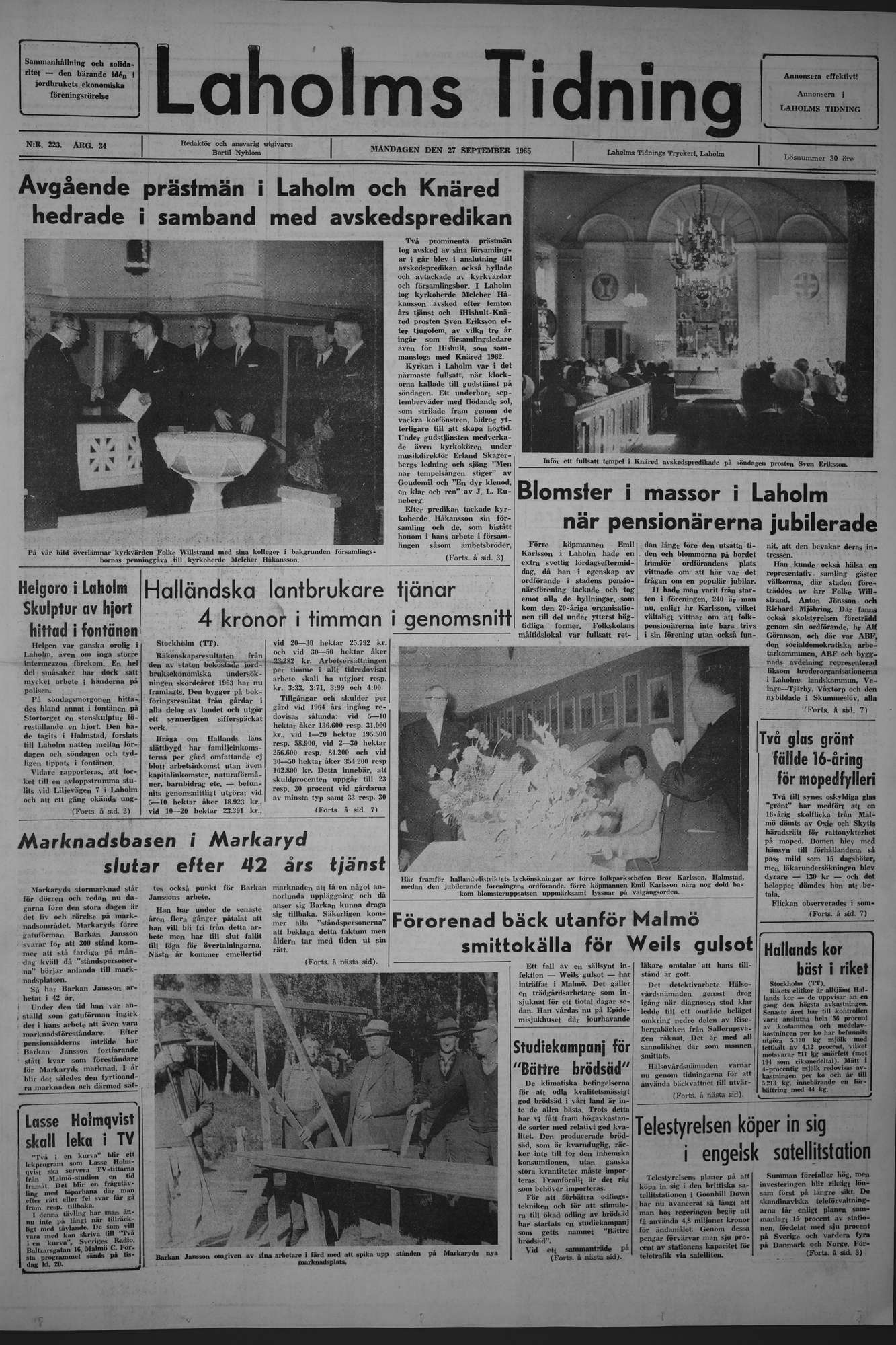 Laholms Tidning Måndag 27 september 1965, sida 1