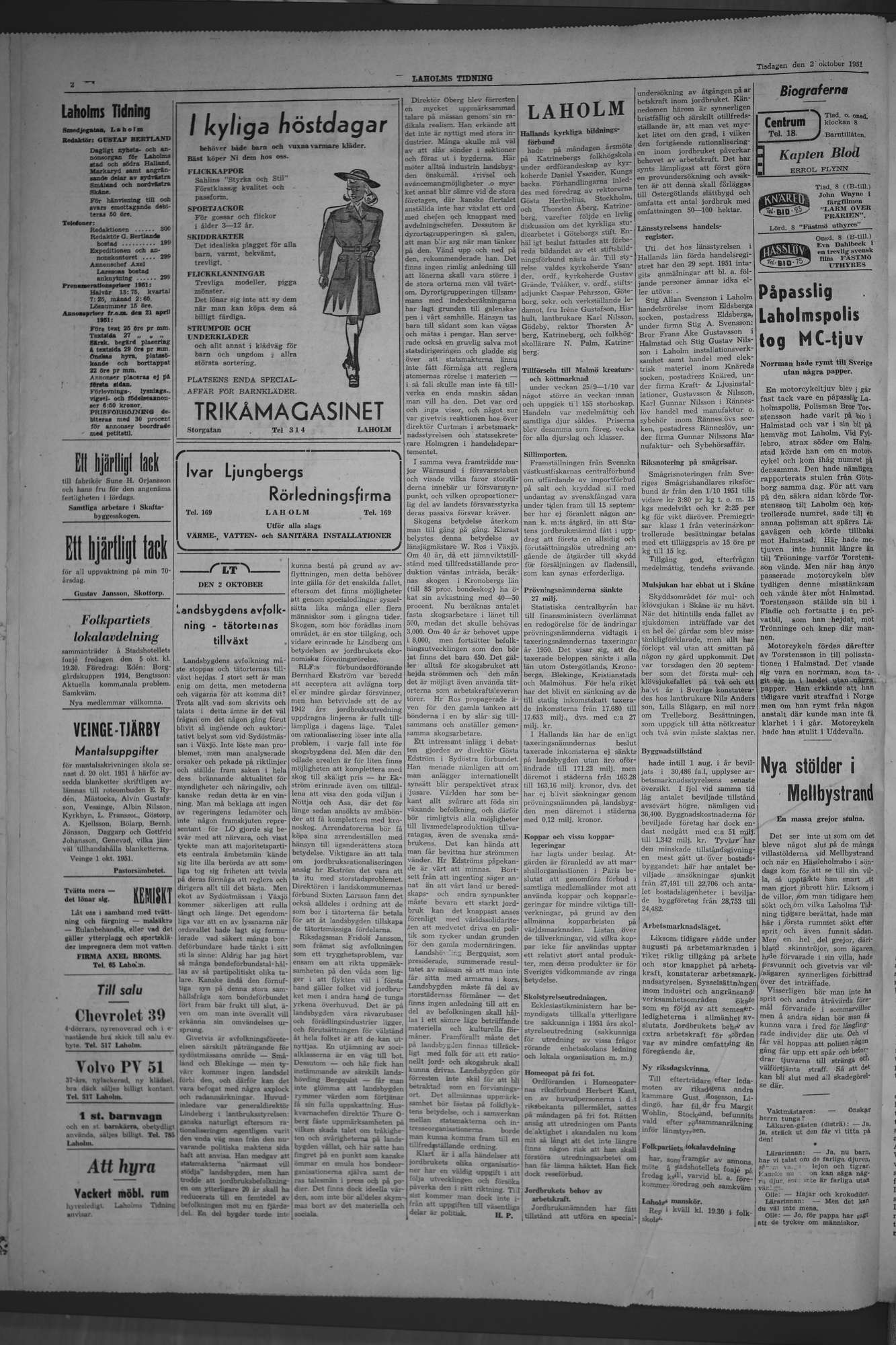 Laholms Tidning Tisdag 2 oktober 1951, sida 2