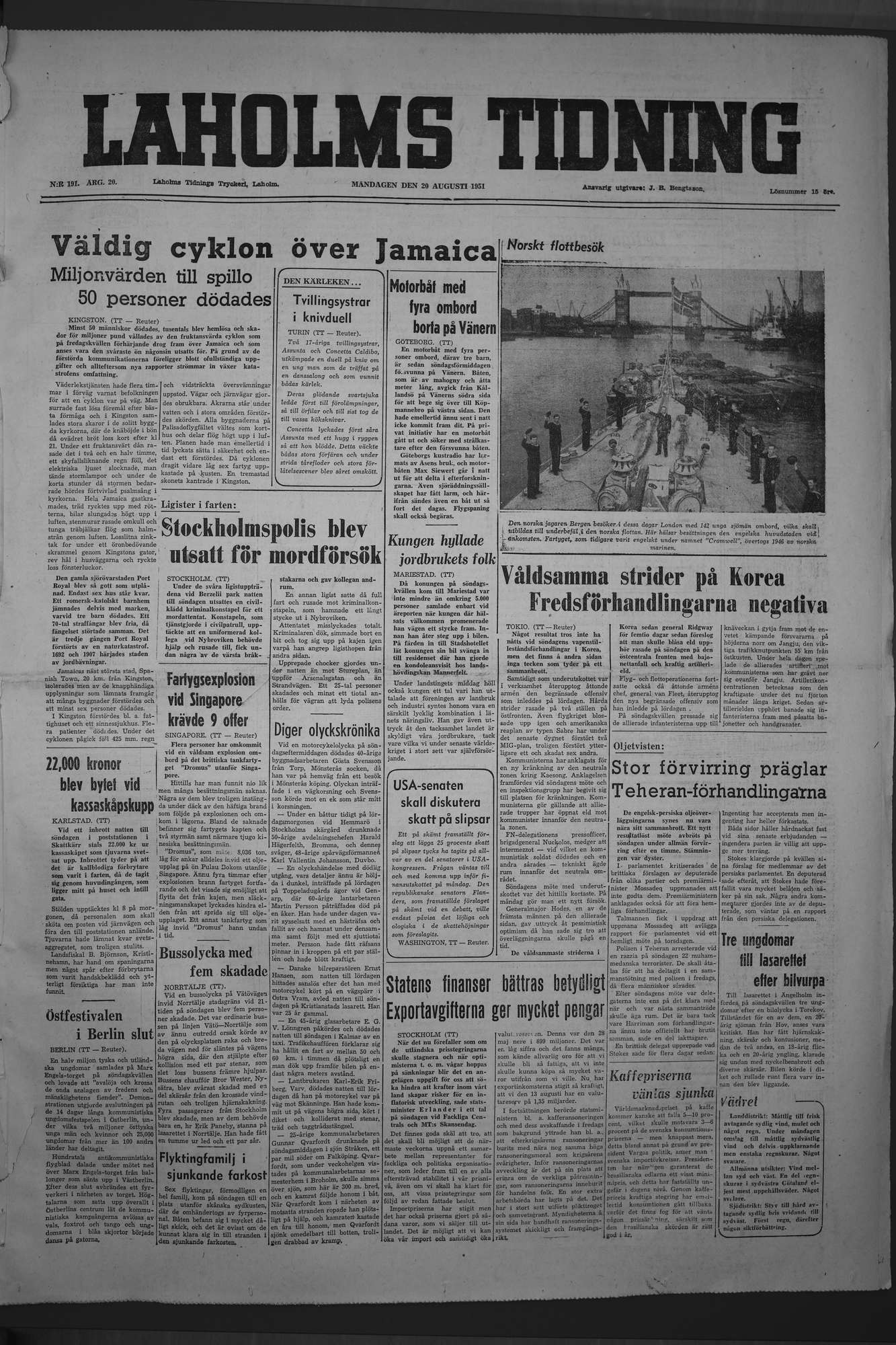 Laholms Tidning Måndag 20 augusti 1951, sida 1