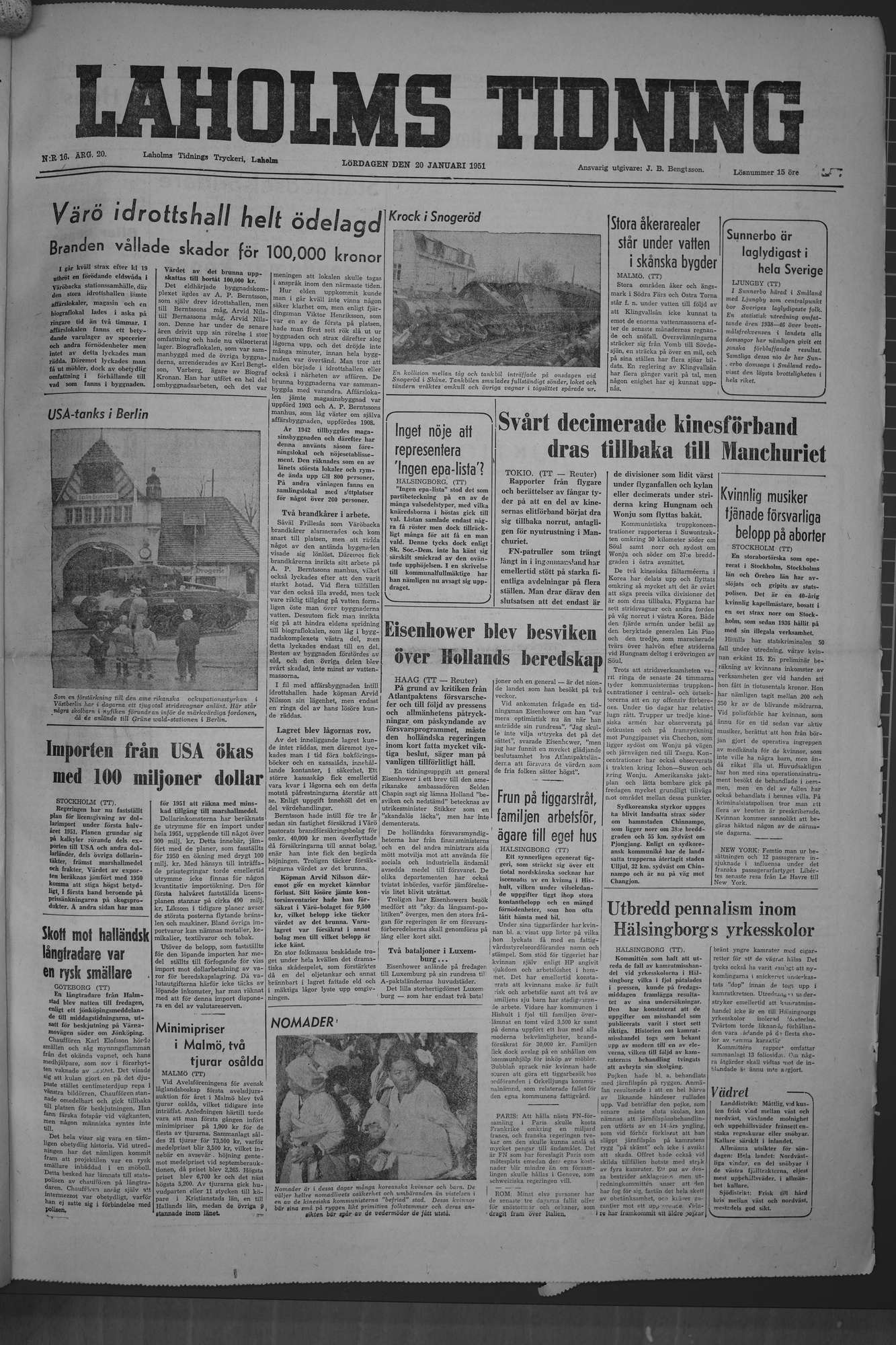 Laholms Tidning Lördag 20 januari 1951, sida 1