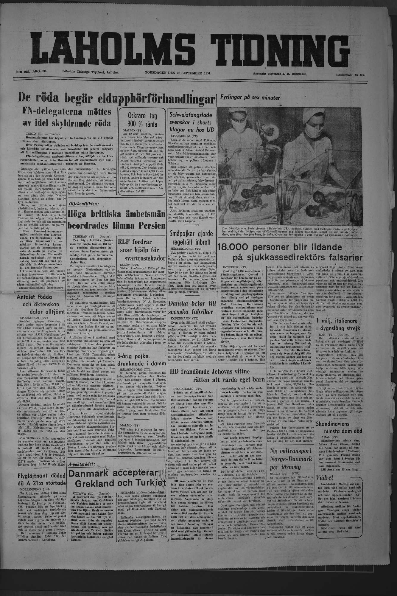 Laholms Tidning Torsdag 20 september 1951, sida 1
