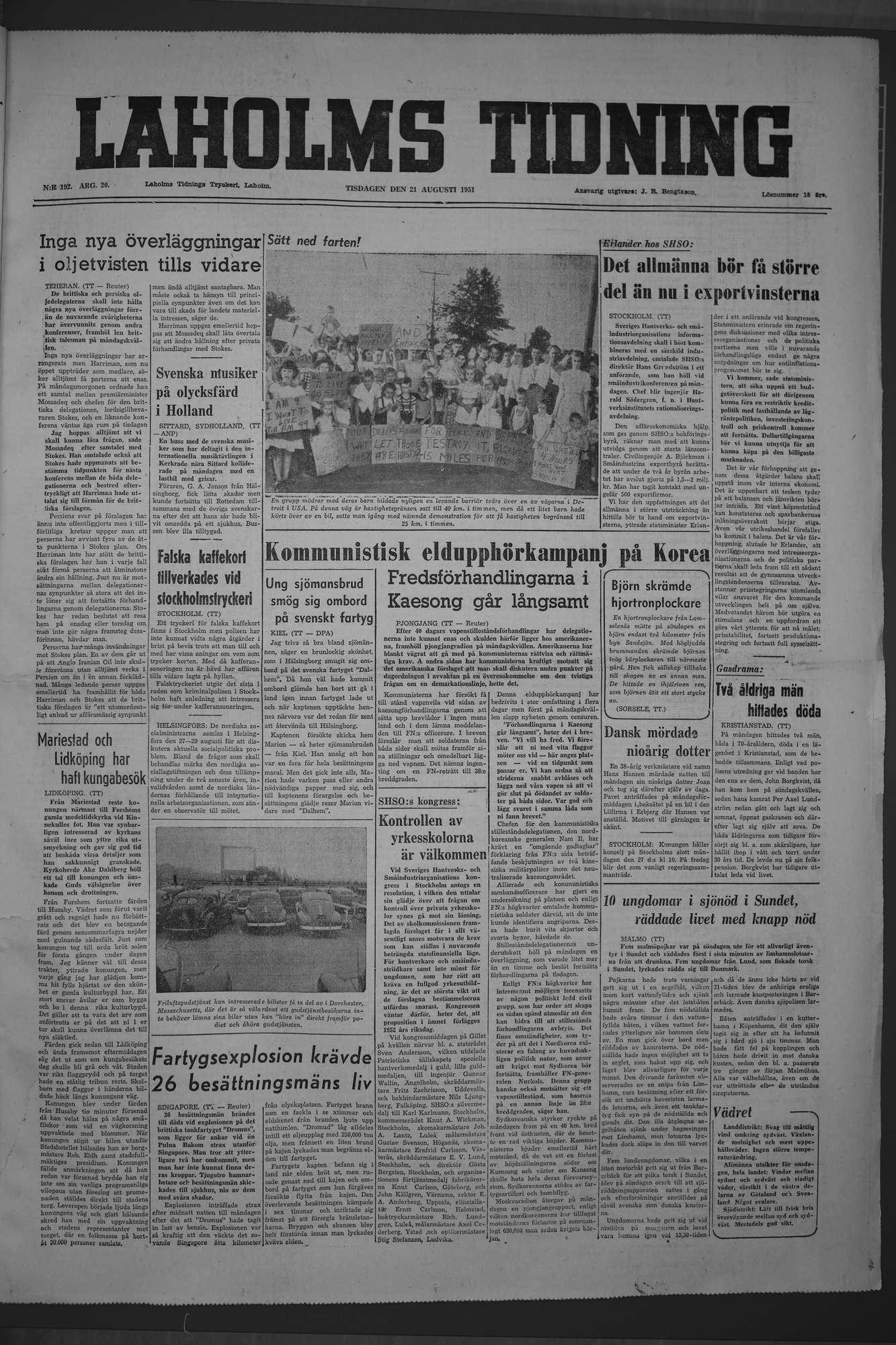 Laholms Tidning Tisdag 21 augusti 1951, sida 1