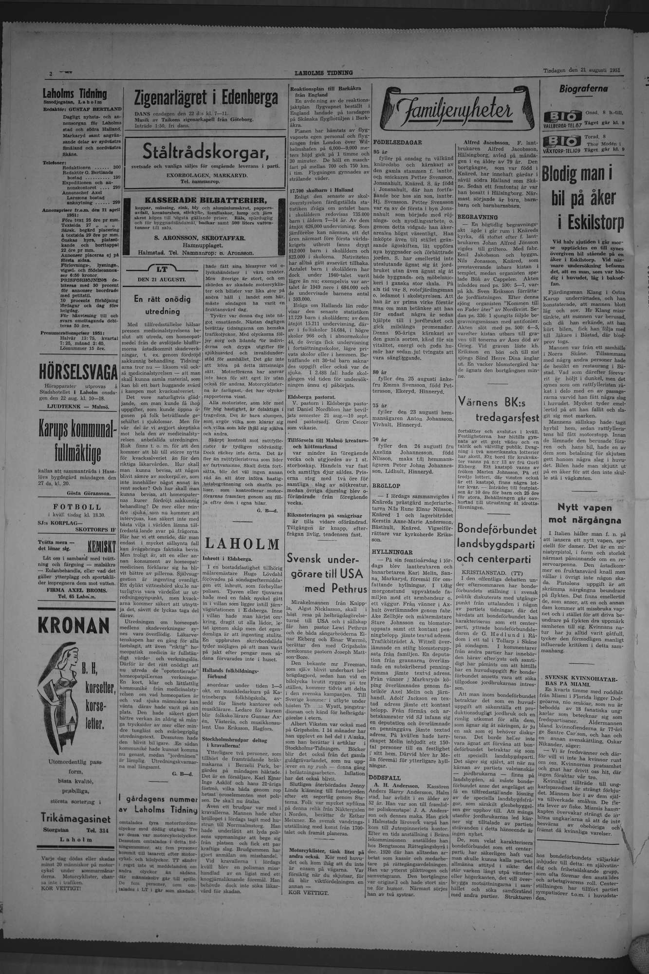 Laholms Tidning Tisdag 21 augusti 1951, sida 2